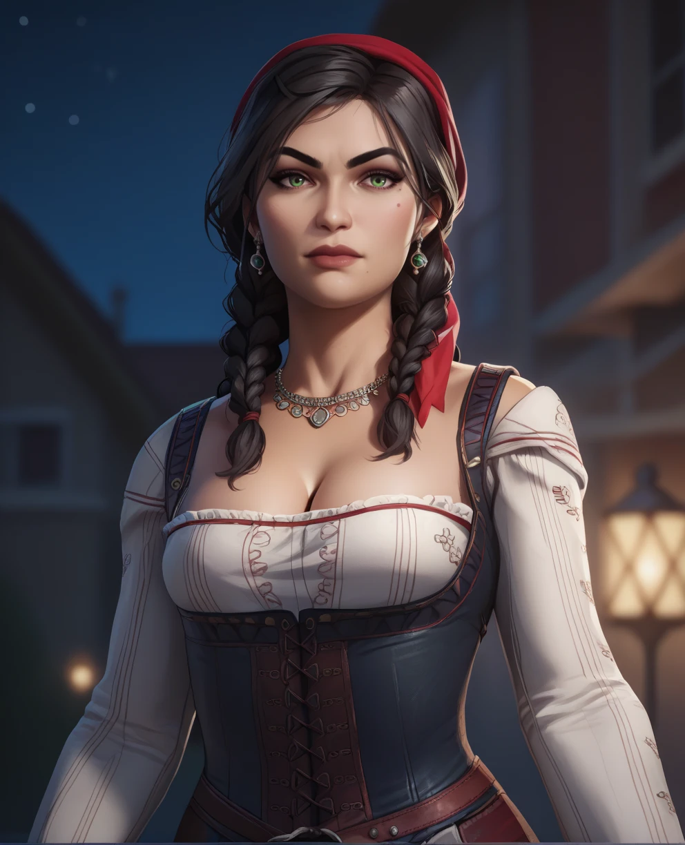 score_9,score_8_up,score_7_up,score_6_up,score_5_up,score_4_up,
mdmnzrxl,black hair,long hair,twin braids,green eyes,mole,
jewelry,long hair,earrings,red bandana,dress,corset,
cleavage,looking at viewer,
standing,upper body,
old west,merchandise,outdoors, night, 
<lora:MadamNazarxl:0.8>,