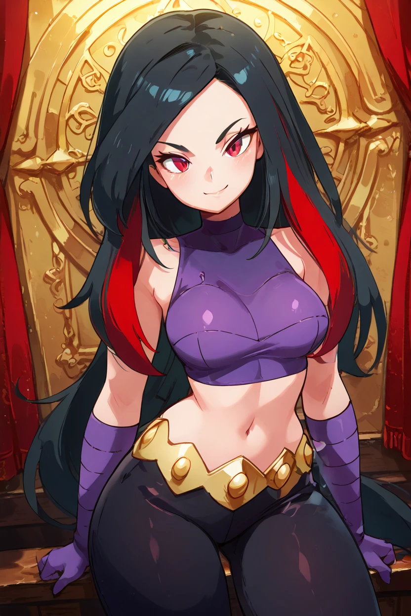 masterpiece, best quality, solo, curvy, beautiful eyes,,<lora:LucyPokemonIXL_v3:1.0>, zzLucy, red eyes, black hair, colored inner hair, long hair, multicolored hair, red hair, streaked hair, two-tone hair, very long hair, gloves, navel, sleeveless, purple gloves, elbow gloves, shirt, bare shoulders, purple shirt, black pants, from above, dynamic pose, cowboy shot, smile, looking at viewer, shiny skin,<lora:DiivesIXL:1.0>,