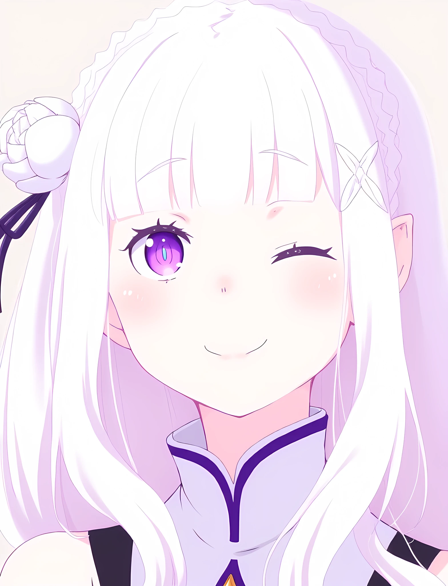 EmiliaFlux, white hair, purple eyes, masterpiece, <lora:EmiliaFlux:1>, anime style, text in background "Emilia Tan Heldn Waifu 1"