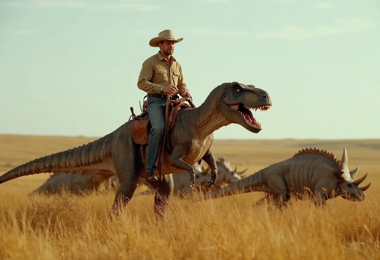 cinematic wide shot of a cowboy riding a t-rex dinosaur in the prairie with a herd of triceratops dinosaurs around him, photorealistic, sharp focus, very detailed skin texture <lora:dinosaur_practical_fx-000025:1>