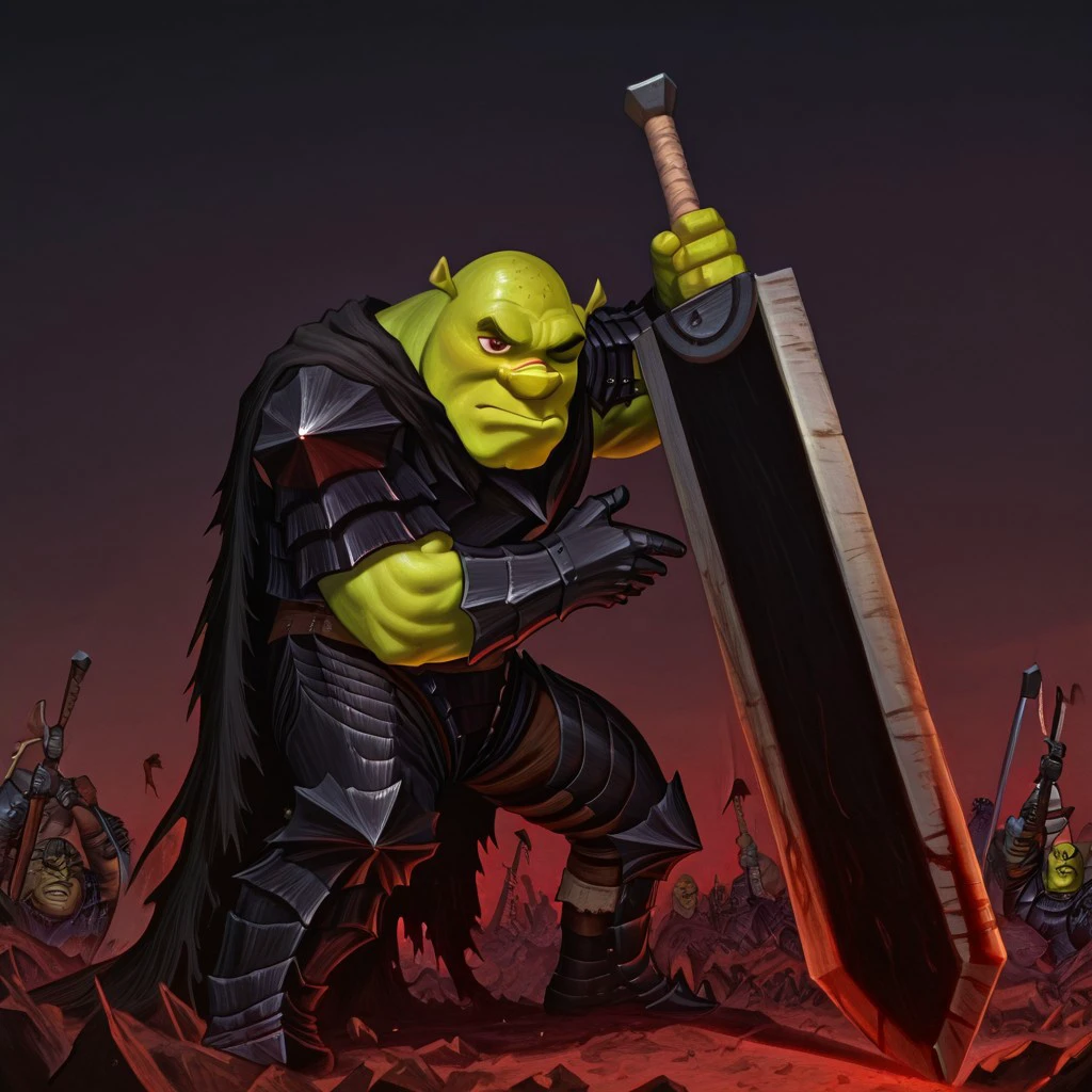 masterpiece, best quality, newest, absurdres, highres, berserk, 1boy, shrek, bald, green skin, Guts_Armor, brown eyes, scar on nose, black armor, full armor, torn cape, one eye closed, muscular male, DragonSlayerSword-Il.V1.0, wielding-dragonslayer, huge weapon, sword, holding sword, holding weapon,