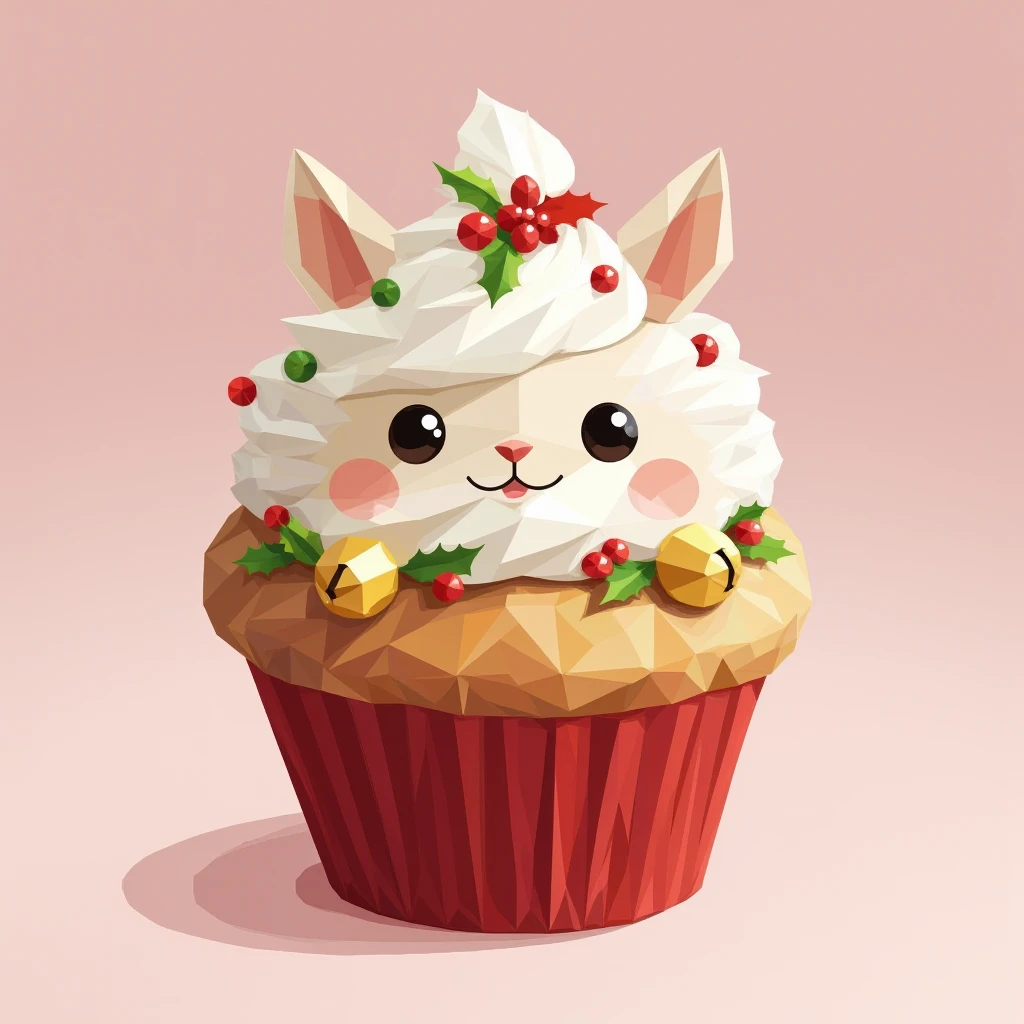 Low Poly style,Christmas cupcake,Christmas themed,Christmas theme,Christmas decoration,Christmas elements,Christmas dessert,Christmas suit,Twinkleberry Jinglekins: A delightful ball of fluff with tinkling bells adorning its fur