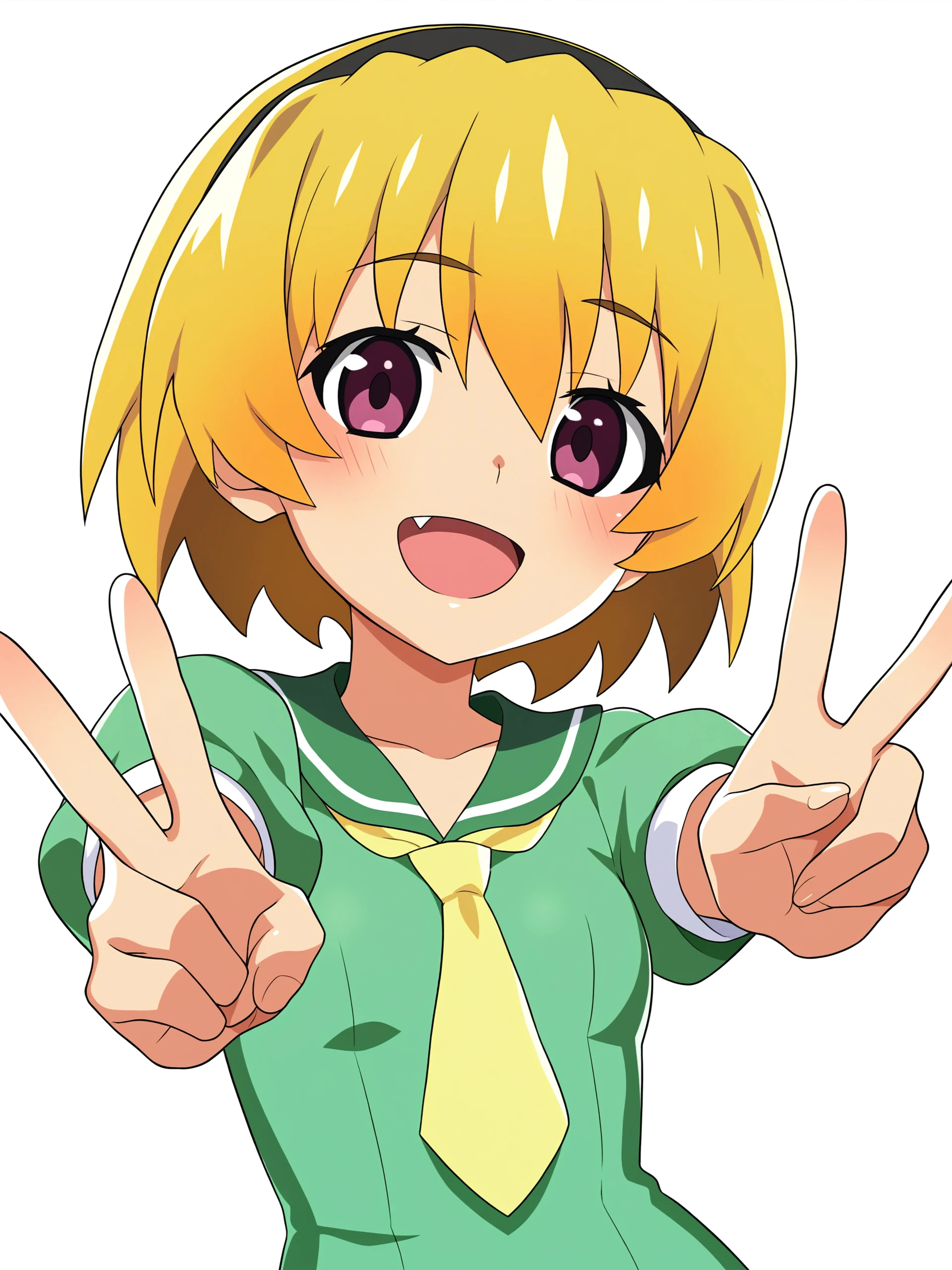 higurashimei, 1girl, houjou satoko, aged down, solo, (small breasts, breasts), blonde hair, short hair, hairband, ((simple background, white background)), pantyhose, sailor dress, green sailor dress, green dress, yellow necktie, school uniform, dress, smile, happy, open mouth, blush, fang, upper body, looking at viewer, double v, 
(masterpiece, best quality, absurdres, highres, newest:1.2), very awa, 