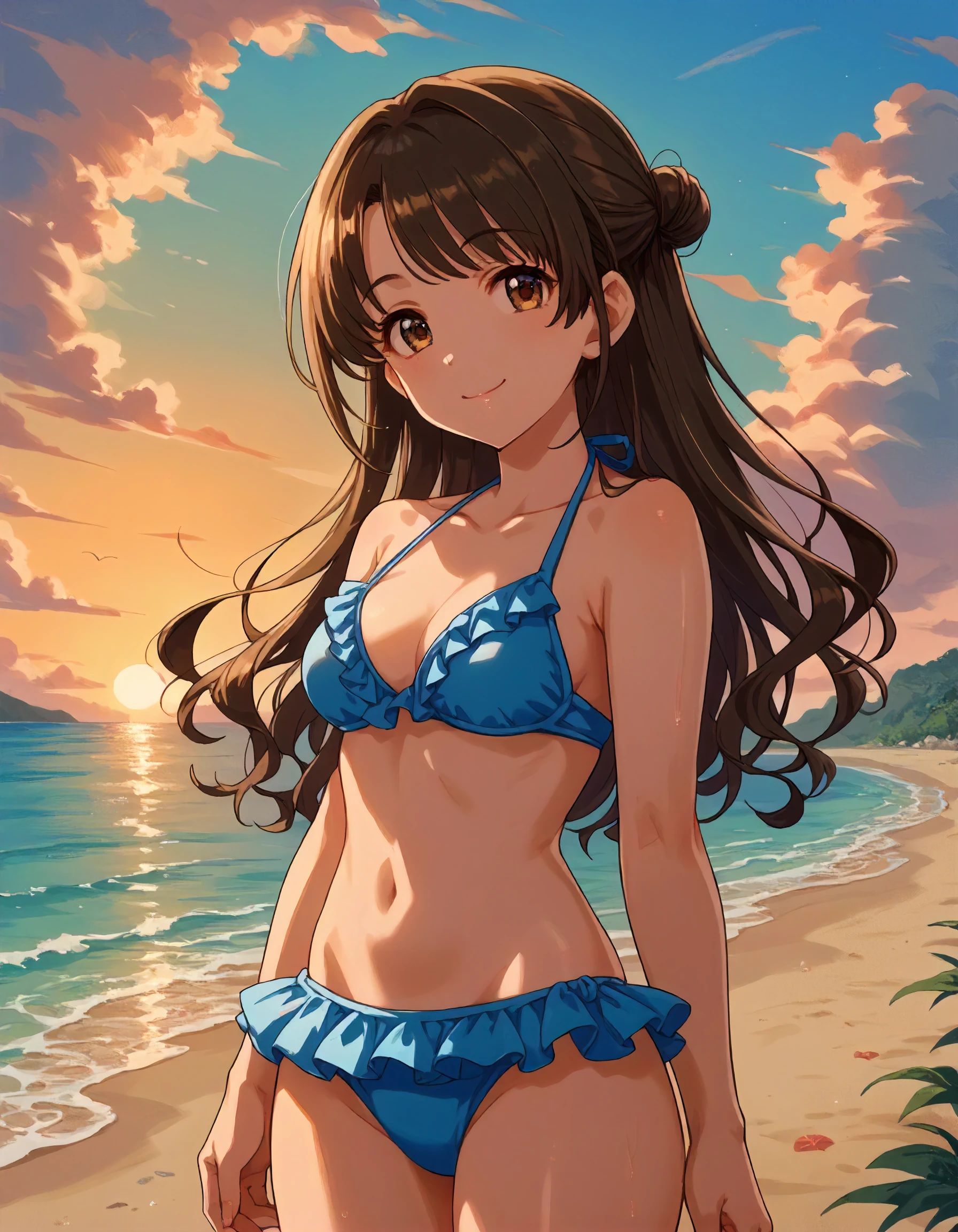 masterpiece, beautiful illustrations, highest quality, pretty girl, 1girl, standing, pastel colour, (two-separated bikini), sexy bikini, reddish brown long hair, headband, bright lighting, looking at viewer, on the shore