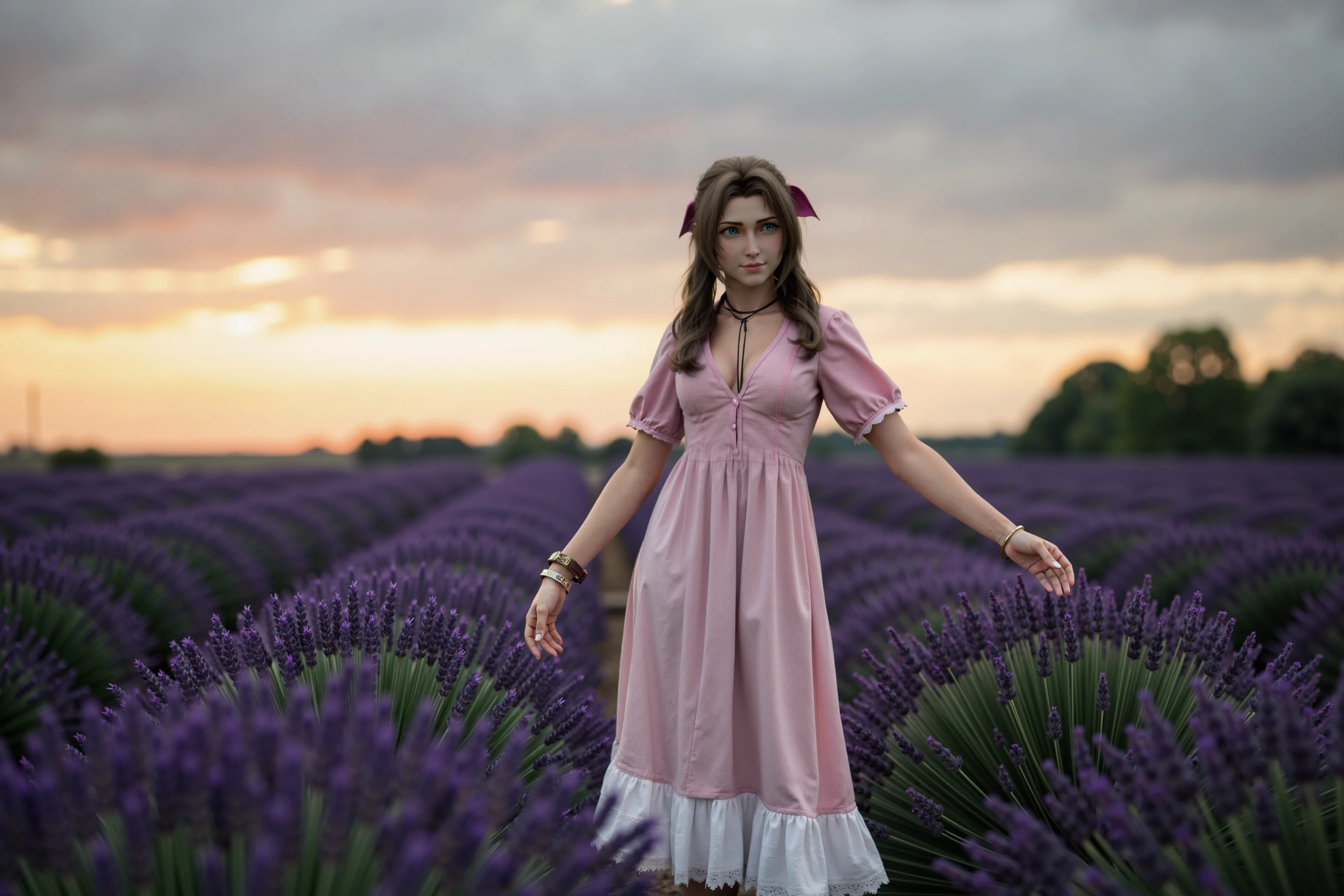 A professional photograph of Aerith Gainsborough standing in a lavender field at dusk. Sheâs wearing a flowing dress that sways with the gentle breeze, her arms stretched out as if embracing the horizon. The sky is painted with pastel tones, and the fragrant flowers create a sea of purple., <lora:Aerith Gainsborough:1.0>