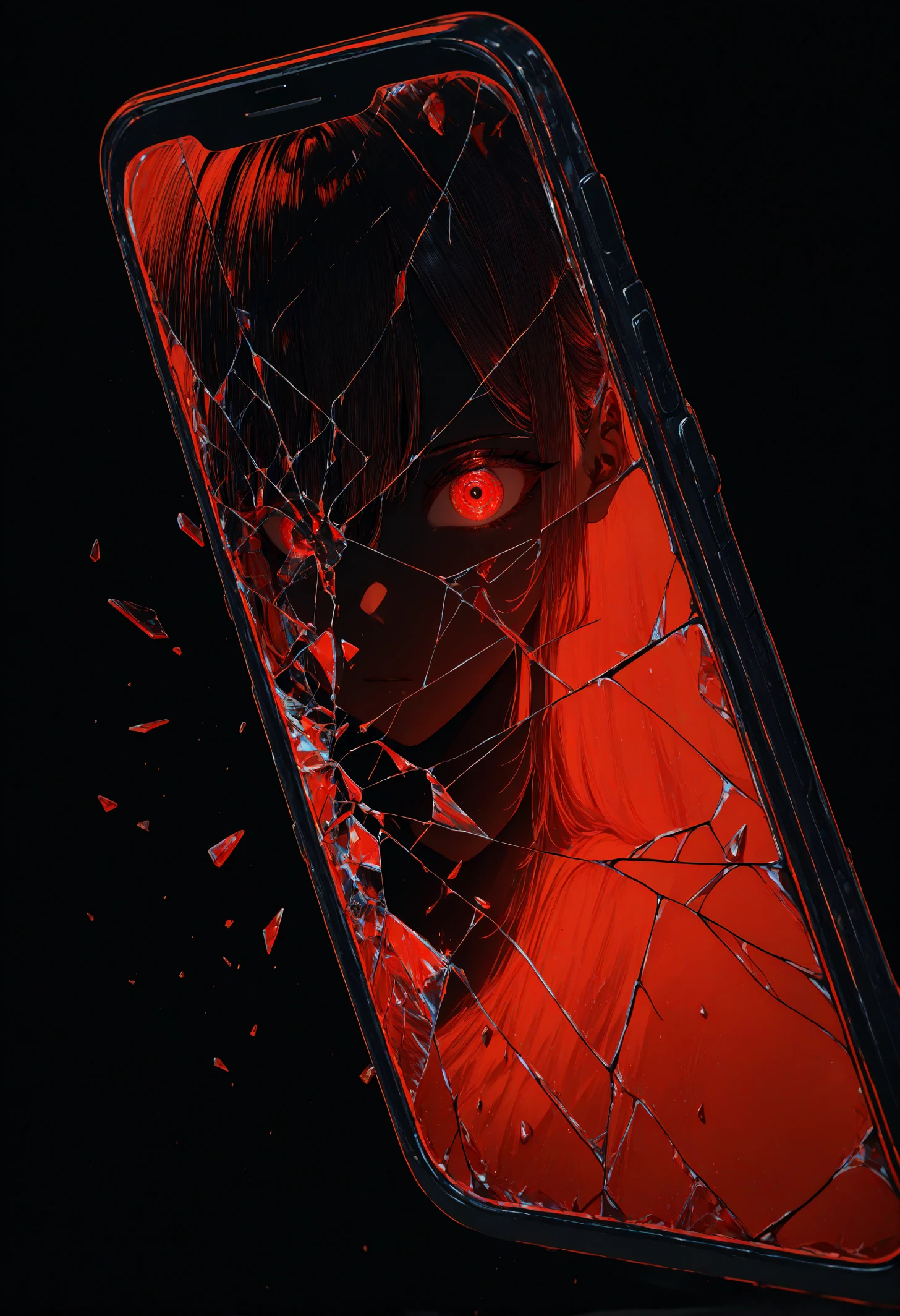 masterpiece, best quality, newest, absurdres, highres, <lora:Detailer_NoobAI_Incrs_v1:1>, detailed, dark, high contrast, darkness, 1girl, spot color, red theme, cracked glass, broken glass, shatter, different reflection, abstract, bleeding, smartphone, photo \(medium\), red eye,