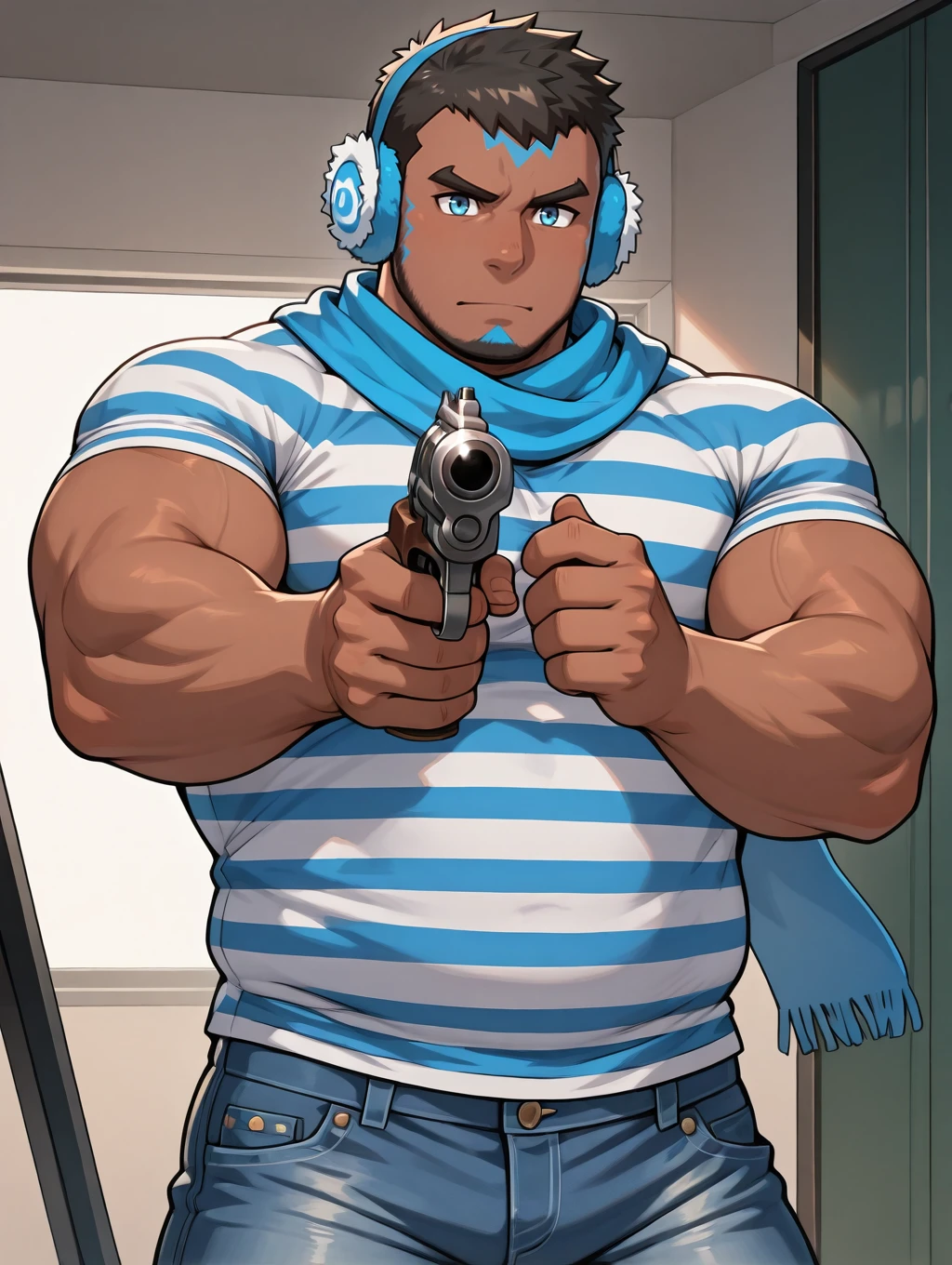 <lora:Aqua_Admin_Matt_IL:0.97> aqua_admin_matt, blue striped t-shirt, scarf,, jeans, muscular, bara, chubby, dark skin, face paint, body paint, beard, short hair, black hair, cowboy shot, blue eyes, holding revolver, shooting range, aiming, aim glasses, wearing earmuff, masterpiece, best quality