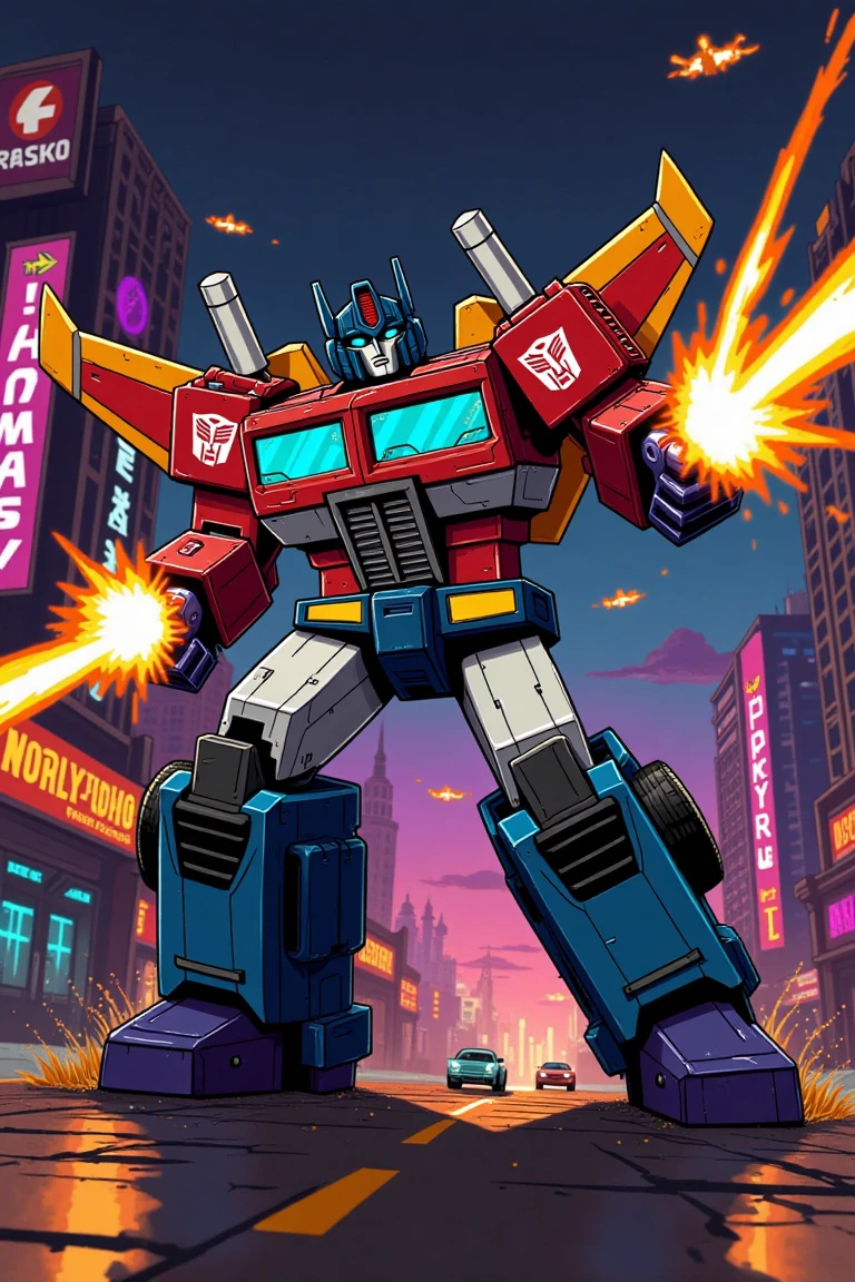 A vibrant 90s cartoon-style scene of a transformer robot warrior in the middle of a battle on the streets of a futuristic city. The robot, with bold, colorful designs and exaggerated proportions, is mid-action, transforming into a sleek vehicle while firing energy blasts. The city backdrop features neon signs, flying cars, and towering buildings, all rendered in a stylized, animated aesthetic. The framing is dynamic, capturing the robot's heroic pose, with exaggerated lighting effects and motion lines. The composition emphasizes the robot's transformation and the chaotic, action-packed environment, evoking the energy of a classic 90s cartoon.