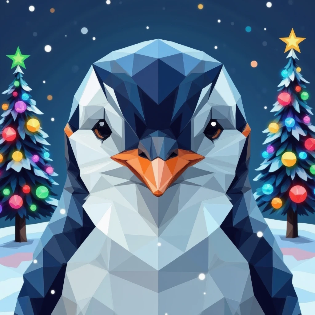 Low Poly style,3D realistic penguin face, cute, smiling, winter wonderland, snowing, colorful Christmas trees, Christmas lights, looks **** snowglobe,(masterpiece),ultra-detailed,best quality,8K,High-resolution,Extremely sharp detail without blurring,extremely intricate detail,extremely realistic,