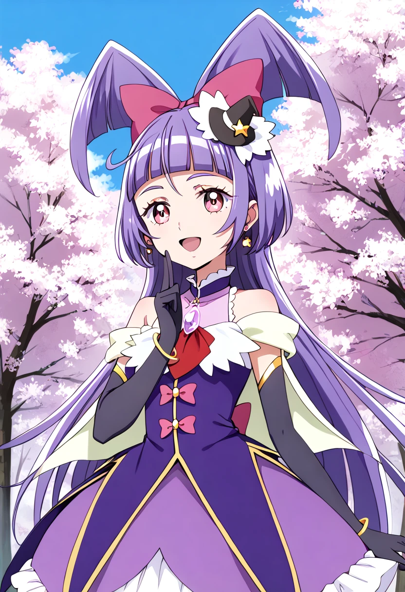 score_9, score_8_up, score_7_up, source_anime, BREAK
cure magical, cure magical \(diamond style\), crmgcldiamond, 1girl, solo, purple hair, witch hat, open mouth, smile, elbow gloves, cherry blossoms, black gloves, purple eyes, :d, red bow, hair bow, tree, pink eyes, purple skirt, bracelet, shiny hair, very long hair, outdoors, blunt bangs, purple dress, day, upper body, pink bow, mini witch hat, bare shoulders, hat bow, standing, eyelashes, black headwear, choker, happy, blue sky, red neckwear, pom pom \(clothes\), cowboy shot, detached sleeves, cloud, looking at viewer, brooch, purple gloves, star hair ornament, hand up, cape, floating hair, petals, frills, shirt, pink flower, eyebrows visible through hair, star hat ornament, purple neckwear, sleeveless dress, white cape, arm warmers, purple bow, earrings, gem, half updo, spring \(season\), tilted headwear, star ornament
<lora:cure_magical_izayoi_liko_pony_locon_v1:0.7>