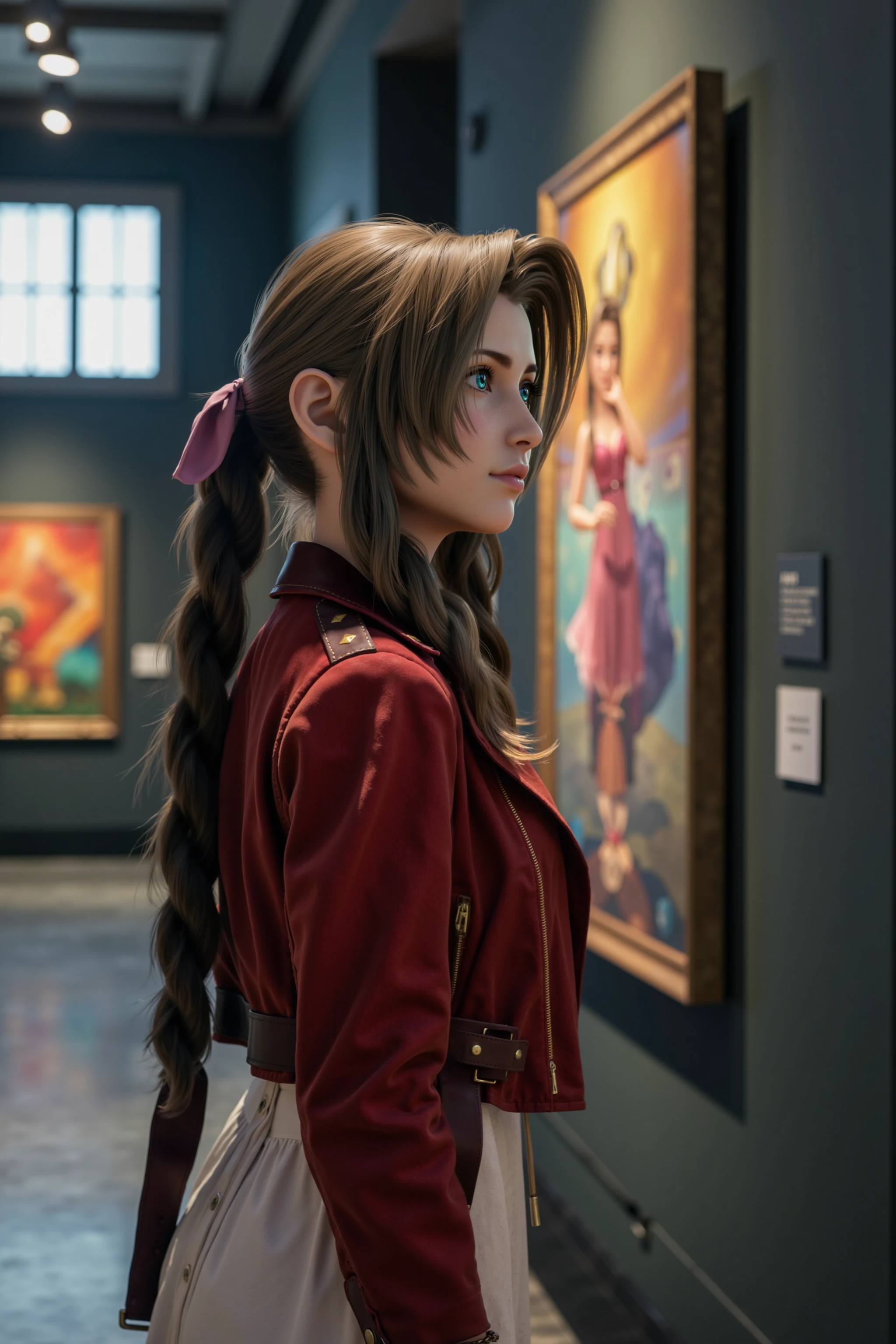 A professional photograph of Aerith Gainsborough in an art gallery. Sheâs gazing intently at an abstract painting, her expression one of deep thought and curiosity. The light highlights the vibrant colors of the artwork and the clean lines of the gallery space, creating a striking contrast., <lora:Aerith Gainsborough:1.0>