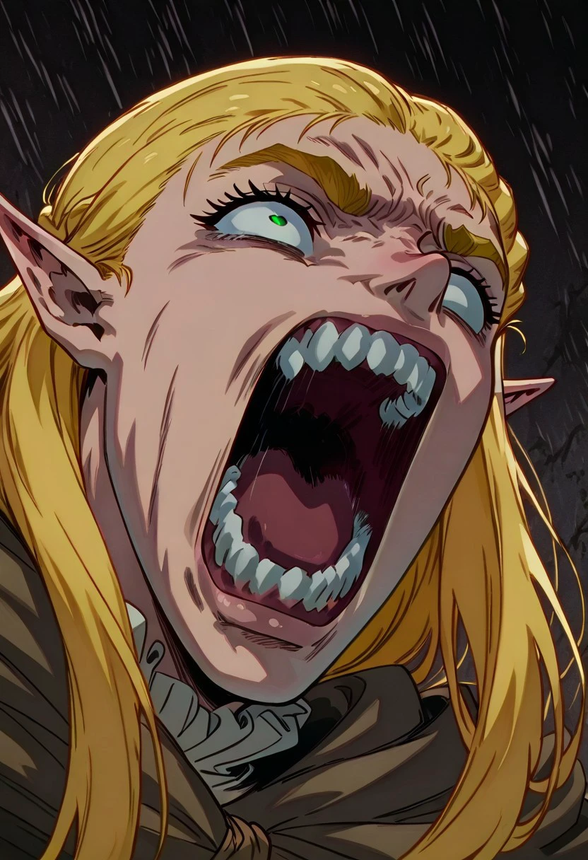 masterpiece, best quality, newest, absurdres, highres, berserkscream, open mouth, teeth, scream, screaming, 1girl, marcile_donato \(dungeon meshi\), blonde, elf, pointy ears,