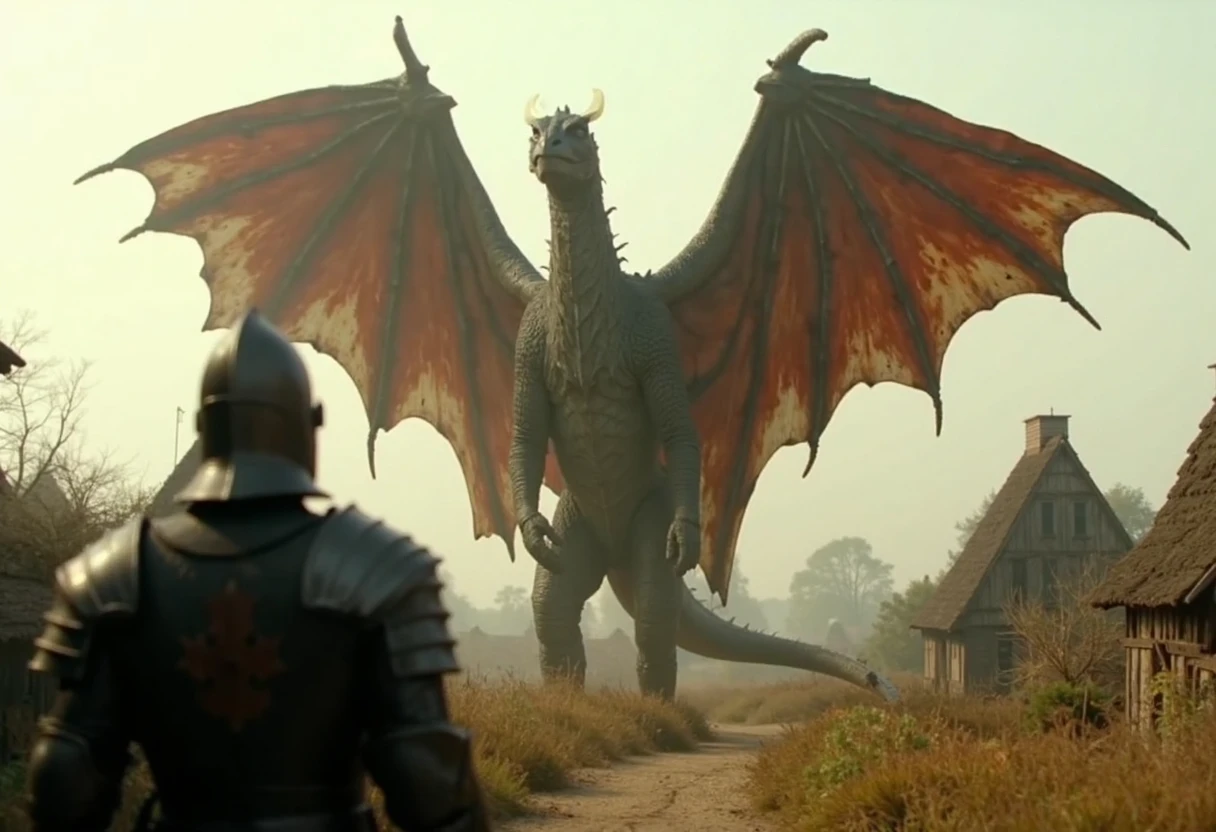 cinematic full shot of a huge dragon with wings and four legs, standing in a medeival village, there is a knight in armor in the foreground facing away from the viewer and out of focus, photorealistic, sharp focus, very detailed skin texture <lora:dinosaur_practical_fx-000025:1>