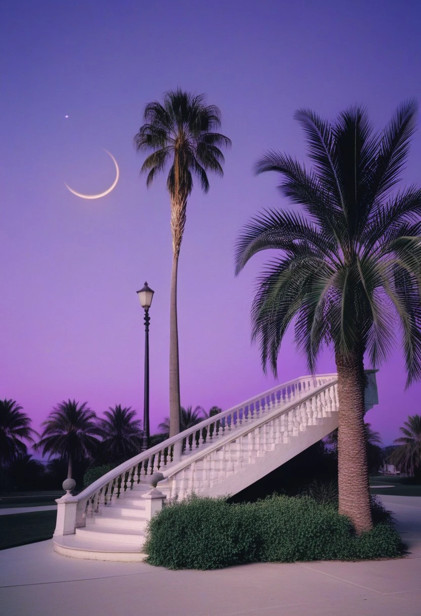 masterpiece, absurdres, best quality, Versabg, tree, no humans, palm tree, crescent moon, outdoors, scenery, moon, sky, building, night, purple sky, lamppost, shadow, stairs, sunset, realistic, ultra HD photography, kodak ektar