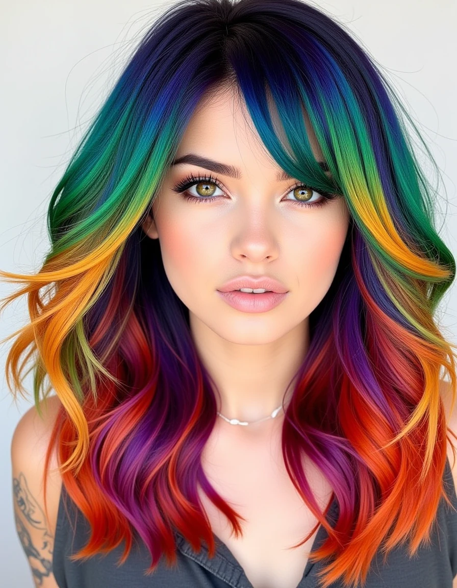 a women looking straight into the lens , ses cheveux sont rouge, vert, jaune, bleu, orange, violet <lora:HairColors-V1-Lora-0001:1> HairColors