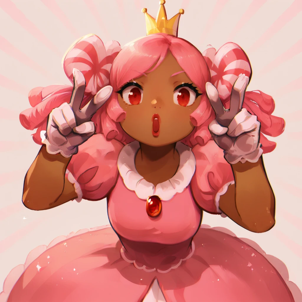 score_9_up, score_8_up, BREAK, PrincessCookie, 1girl, solo, pink hair, red eyes, crown, lipstick, dark skin, pink dress, white gloves, cowboy shot , striped background,  <lora:PrincessCookie_PXL_Leaf4:0.8>, double v,