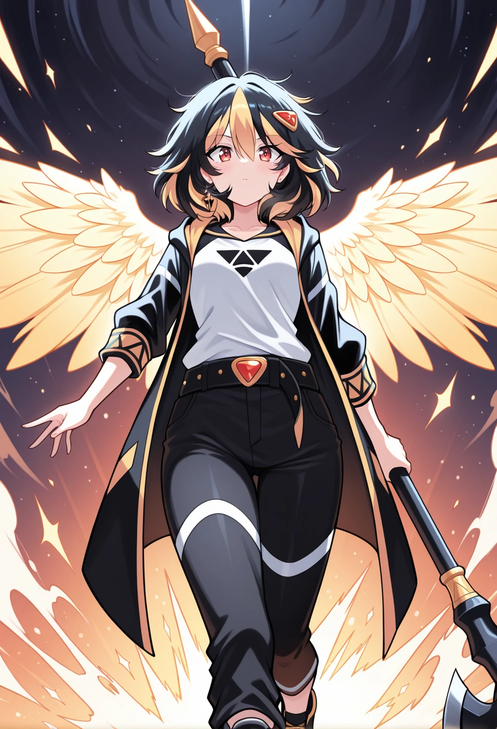 masterpiece, best quality, high quality, anime, solo, portrait, yellow wings, feathered wings, energy wings, huge wings, legs together, battle axe, 
 <lora:AEAliceIllx:1> AEAlice, red eyes, streaked hair, black hair, blonde hair, Multicolored hair, messy hair, medium hair, small breast, hair ornament, hairclip, black cloat, long sleeves, open coat, black hoodie, Hood down, White shirt, print shirt, raglan sleeves, black belt, multiple belts, black pants, black footwear, sneakers, single earring,