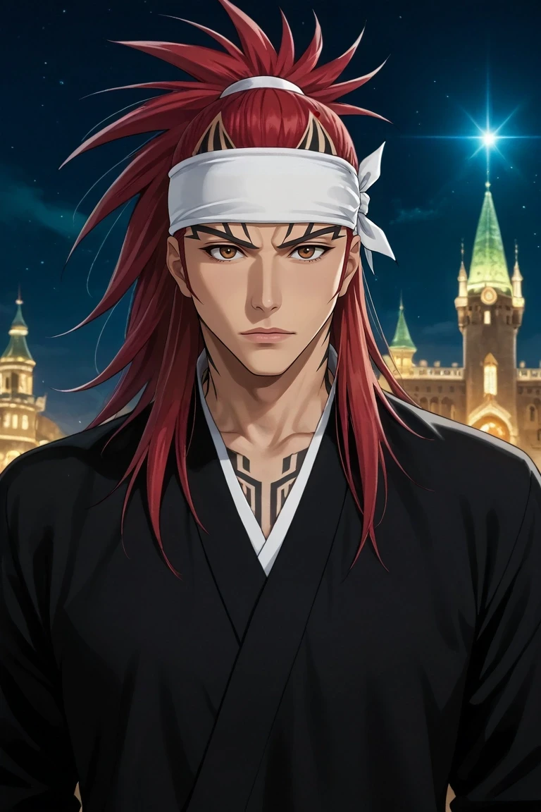 score_9, score_8_up, score_7_up, source_anime, rating_safe, intricate details, (realistic:0.6), looking at viewer, depth of field, 1boy, solo, male focus, <lora:renji_abarai_pony:1>, renji_abarai, red hair, brown eyes, spiked hair, long hair, ponytail, tattoo, white headband, magic tower, spell chambers, potion labs, research rooms, experimenting pose, analytical expression, magical lighting, Striated Cotton DeepPlum Khaki pants, Polka dot PlumPurple Thermal Henley shirt, , Tophat with a veil,, <lora:sdxl_lightning_8step_lora:1>