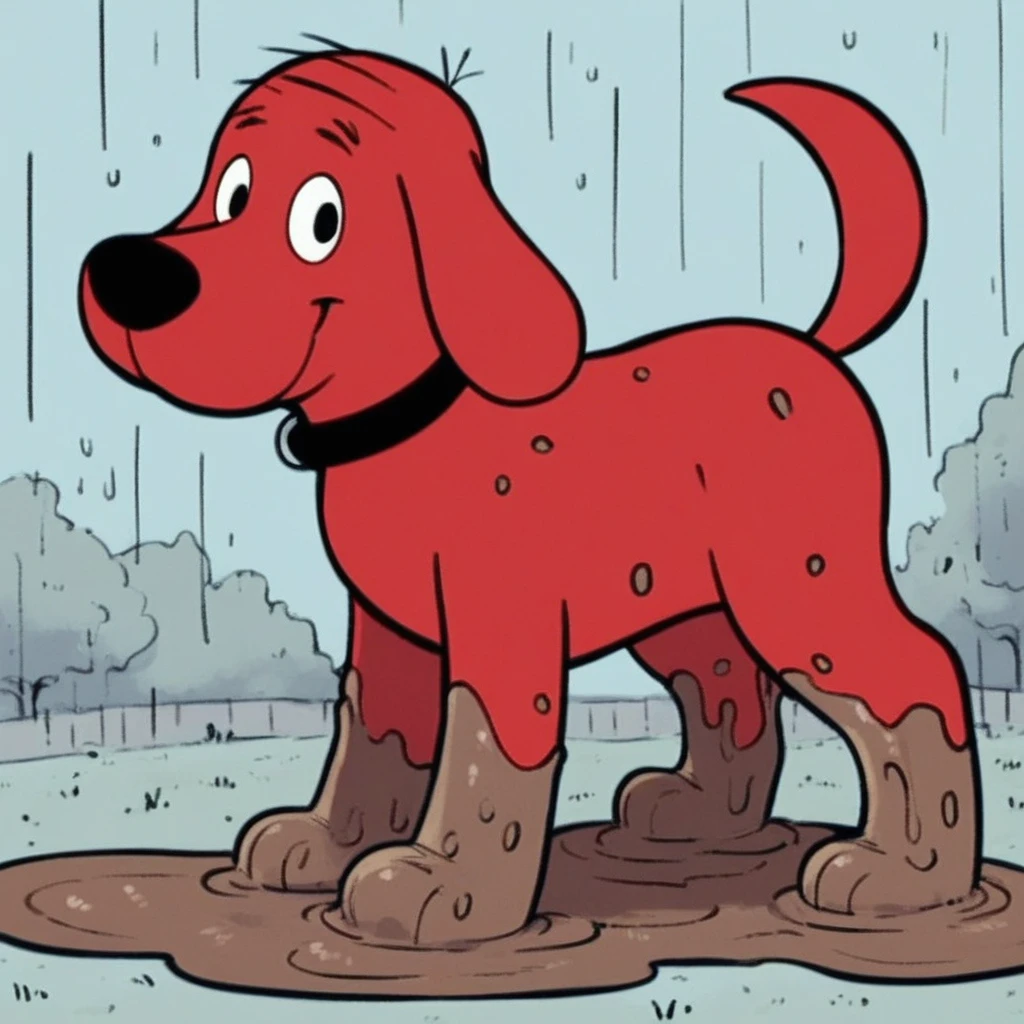 score_9, score_8_up, score_8, score_7, source_cartoon, Clifford(CBRD), solo, 1boy, feral, dog, dog boy, red fur, long ears, black eyes, thin tail, black collar, full body, looking at viewer, covered in mud, rolling in mud, smile, raining, mud puddle, grass field setting,