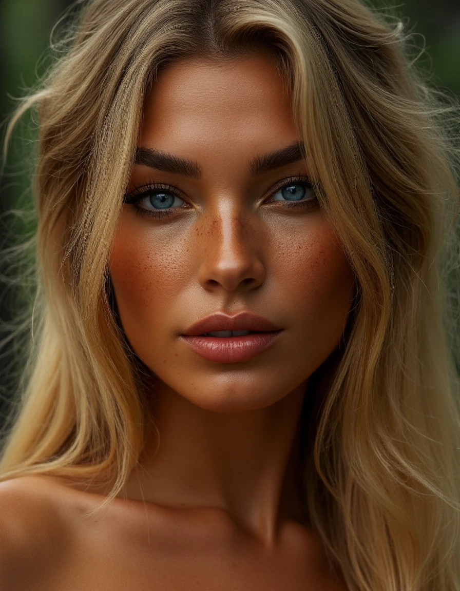 Portrait,woman,The subject has a deep,rich complexion with a scattering of freckles across her cheeks and nose,giving her a natural,youthful glow. straight blonde hair cascading down her shoulders,Her eyes are almond-shaped and an intense,Her eyes are a striking blue,accentuated by thick,eyeliner that extends beyond her natural eye shape,creating a dramatic winged effect. Her eyebrows are well-groomed,framing her eyes. shining with both quiet strength and an underlying vulnerability. Soft beads of sweat cling to her flawless,pale skin,nature background,trees, soft daily sunlight,blurry background,bokeh,
((film grain)),(skin texture:1.4)  Her eyelashes are long and voluminous,enhanced with mascara. dewy texture and a natural,Her eyebrows are well-groomed,makeup,skin texture,glow,masterpiece,red and gold lighting effects,red lipstick,
adorned with cascading vines and blooming flowers,.,<lora:Esc_Makeup:0.6>, overexposed light