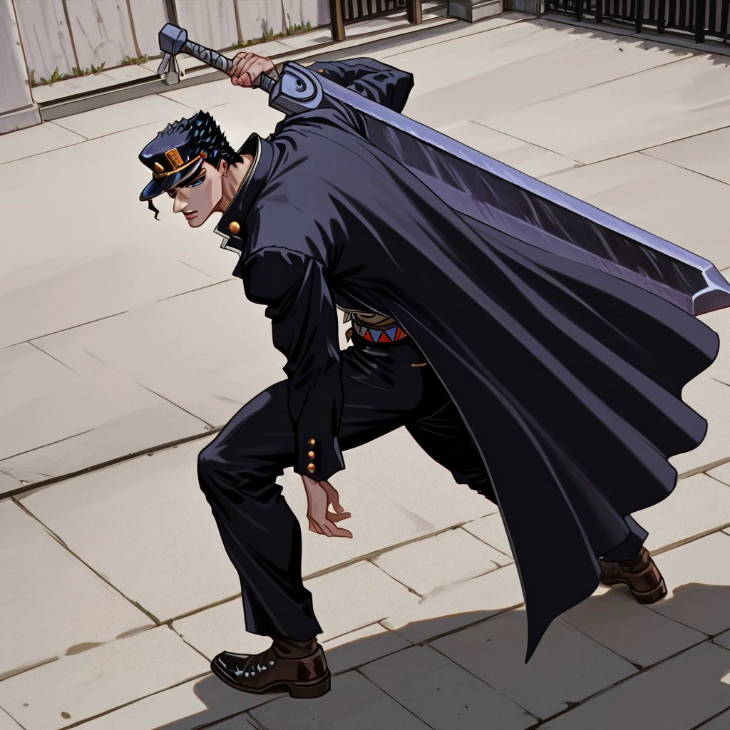 masterpiece, best quality, newest, absurdres, highres, 1boy, kujo_jotaro, jojo_no_kimyou_na_bouken, 1boy, black_hair, blue_eyes, black jacket, DragonSlayerSword-Il.V1.0, wielding-dragonslayer, huge weapon, sword, holding sword, holding weapon,