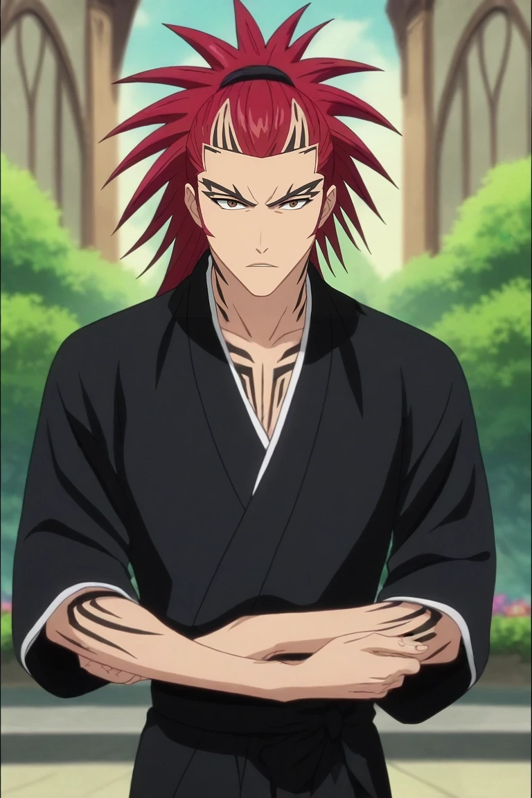 score_9, score_8_up, score_7_up, , rating_safe, intricate details, anime screencap, , , looking at viewer, depth of field, 1boy, solo, male focus, <lora:renji_abarai_pony:0.98>, renji_abarai, red hair, brown eyes, spiked hair, long hair, ponytail, tattoo, black kimono, crystal garden, mineral growths, light pools, gem clusters, examining pose, fascinated expression, prismatic light, , <lora:sdxl_lightning_8step_lora:1>