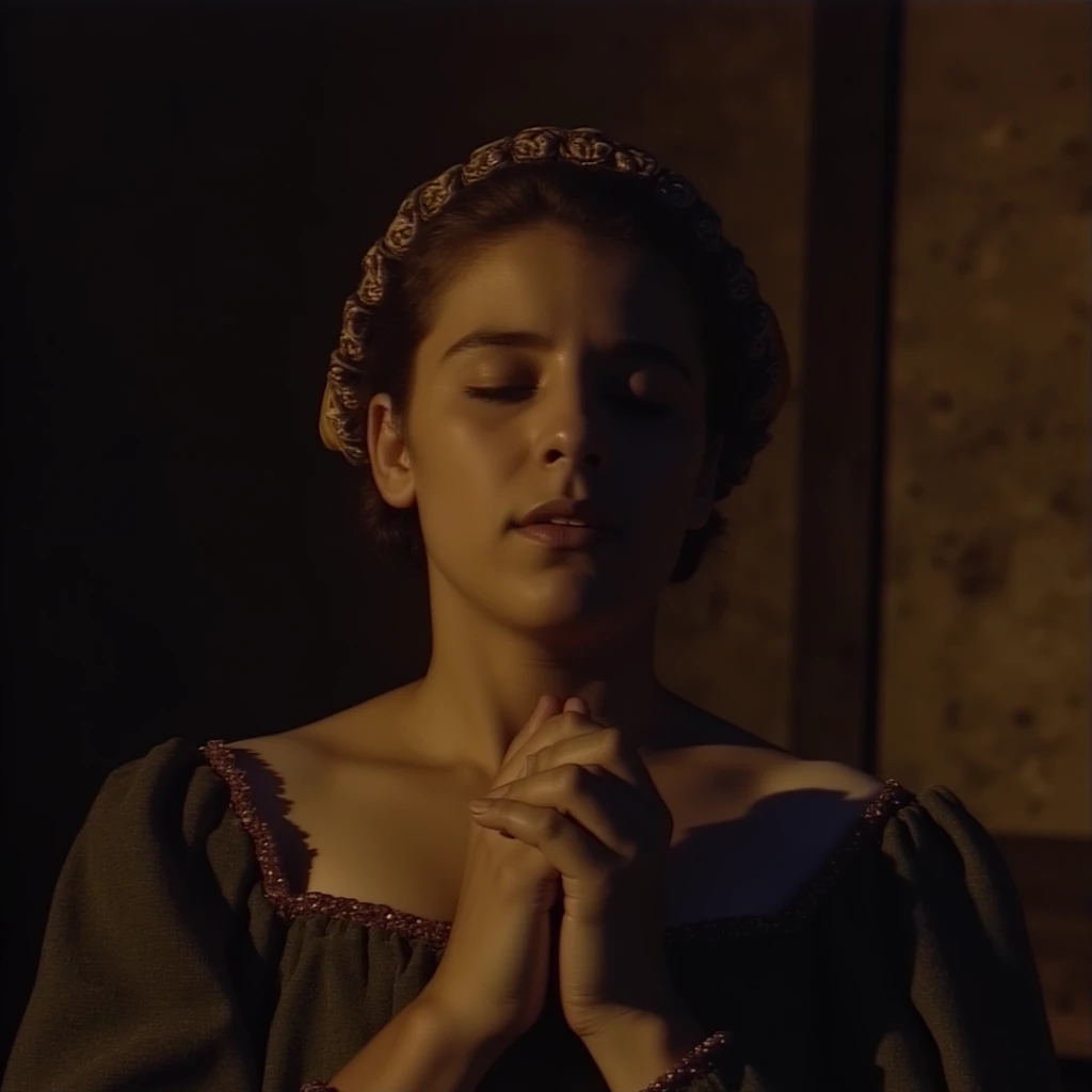 cinematic film still of  <lora:Betacam style v1:0.8>
Luce Caponegro Selen In medieval era style, In 15th century style, In Betacam style a medieval closed eyes young short hair woman in a medieval dress praying in a room, Betacam photography style, analog video style, Cinematic color style, videocassette photography style, Betacam style, medieval era style, 15th century style, solo, short hair, brown hair, closed eyes, braid, parted lips, hair bun, blurry, lips, headband, own hands together, interlocked fingers, own hands clasped, closed mouth, night, blurry background, portrait, facing viewer, praying, closeup, warm light, hairband, black hair, shallow depth of field, vignette, highly detailed, high budget, bokeh, cinemascope, moody, epic, gorgeous, film grain, grainy