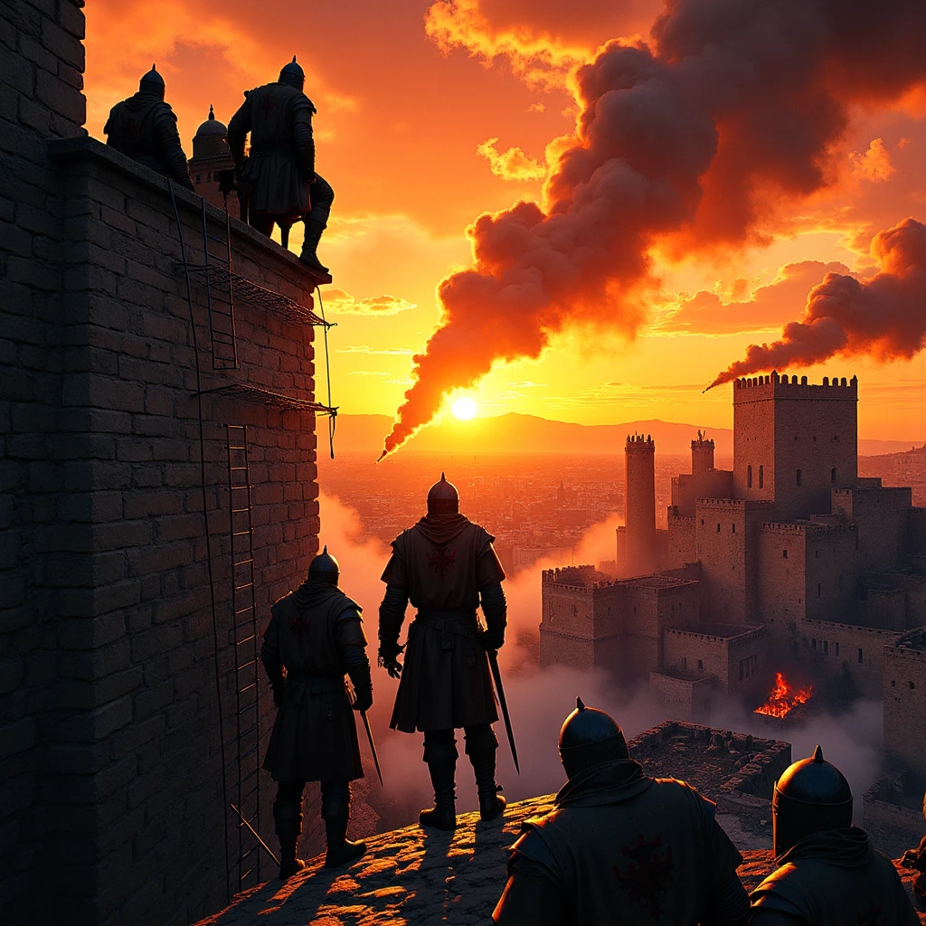 "Imagine an image in the style of a hand-illustrated graphic novel, depicting Crusading Knights scaling the walls of a fortified city at dawn. Grappling hooks and ladders are silhouetted against the rising sun, while smoke and fire envelop the background in stark, dramatic contrast."