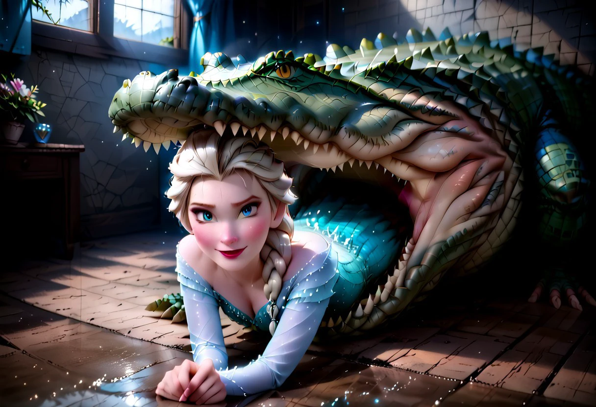 Vore scene.  1 woman, 1 alligator. Hyperrealistic. Woman inside alligator. Alligator is swallowing Elsa. feet first. feet and legs of the Elsa are gone, inside the alligator. Only the torso and head are still out, visible.  Woman inside alligator mouth. Alligator attacking woman. photo a woman being eaten by a large alligator, head first. Perfect anatomy, Elsa, expressive face,beautifully drawn face.
(masterpiece), (64k), intricate details, (highly detailed), photorealistic, cinematic lighting, shading, (best quality), absurd, (ultra high-resolution), ultra-detailed, cgi, (lineart), (depth of field), light particles, (hyper detailed), elaborated features, (volumetric lighting),crocodile, aligator, vore, violent, devour,cleavage, blue dress, single braid over shoulder,ElsaXPL