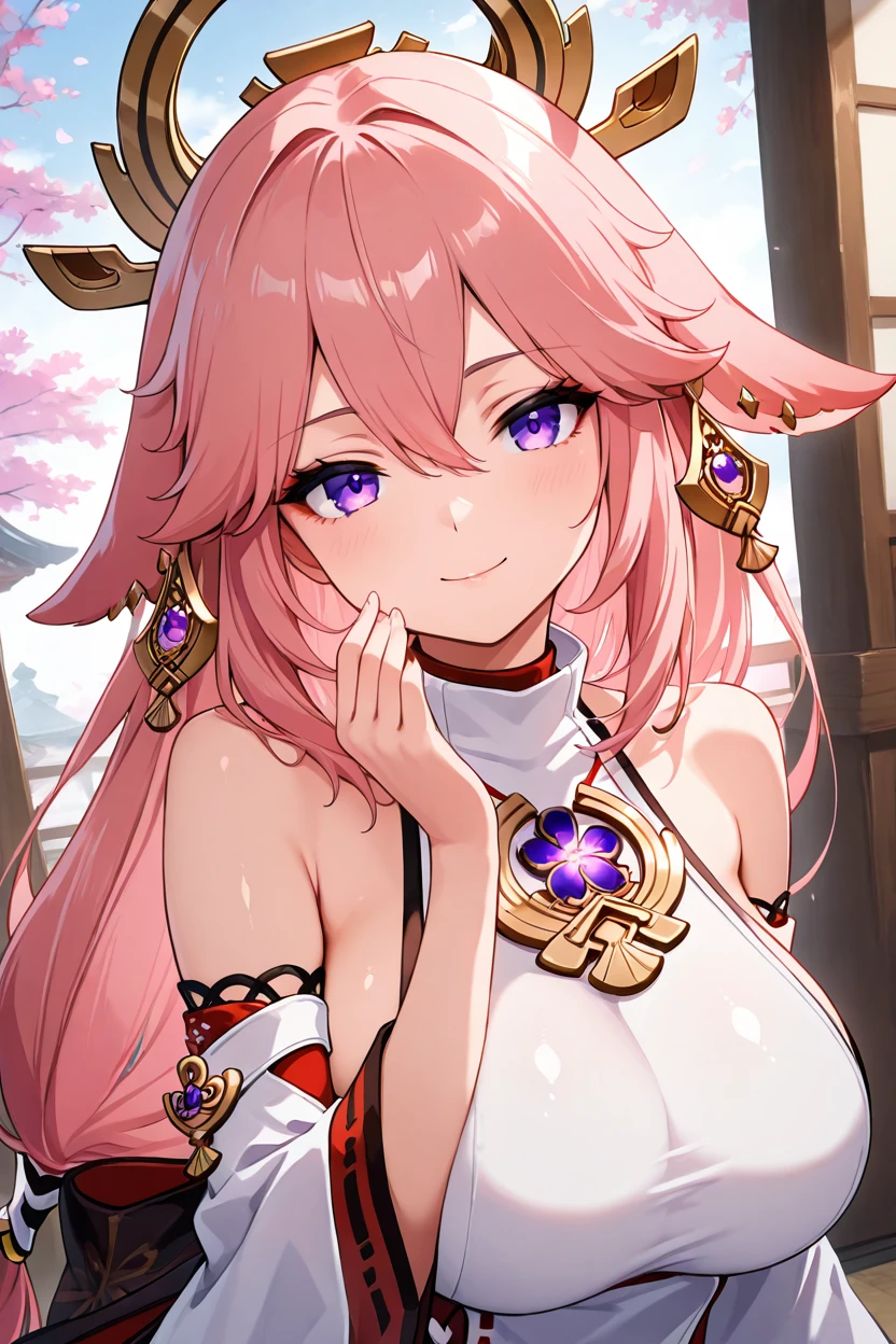 masterpiece, best quality, solo, curvy, beautiful eyes,,<lora:YaemikoGenshinIXL_v2:1.0>, zzYaemiko, purple eyes, hair between eyes, hair ornament, long hair, low-tied long hair, pink hair, animal ears, fox ears, bare shoulders, jewelry, earrings, large breasts, detached sleeves, japanese clothes, long sleeves, wide sleeves, upper body, side view, smile, looking at viewer, shiny skin,