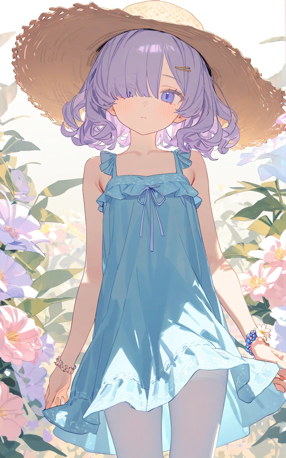 <lora:shou_ad_xl_half_v1:1>,simple background,Gradient background,Bright background,(flower background:1.6),reality,(deadflow:1.1),bm tol,(ask \(askzy\):1.1),pastel colors,(close-up:1.3),(portrait:1.1),Focus on the face,looking at viewer,(upper body:1.3),standing,1girl,solo,curly hair,purple eyes,blue eyes,medium hair,hair over one eye,straw hat,Beige hair,Light purple hair,yellow hairpin,exposing shoulders,sky blue sundress,frilled dress,sky blue sandal,white pantyhose,fine fabric emphasis,bead bracelet,transparent clothing,anklet,With one hand holding the skirt and the other hand touching the hat,expressionless,sleepy,light_blush,