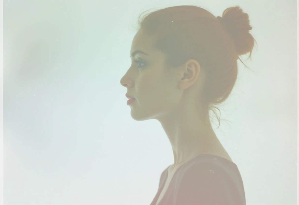 an aesthetic, minimalist depiction of a female profile in side view. The focus is on the soft contours and calm, monochromatic tones. The scene feels mystical and dreamy, almost as if viewed through a delicate mist, with gentle light accentuating the silhouette. The background is diffuse and creamy white, drawing attention to the elegant simplicity of the figure.