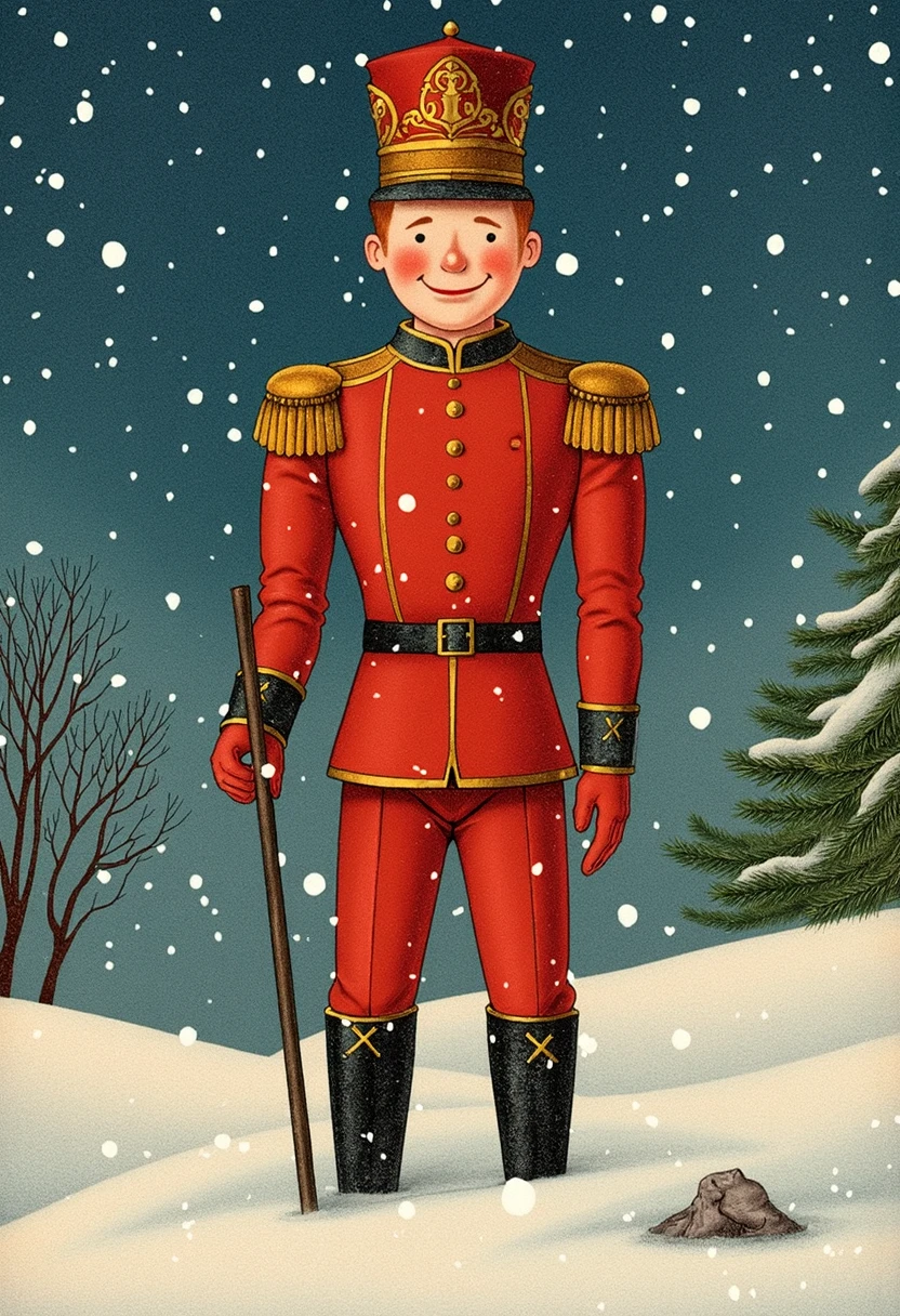 snwmn_style illustration, a tin soldier, Christmas