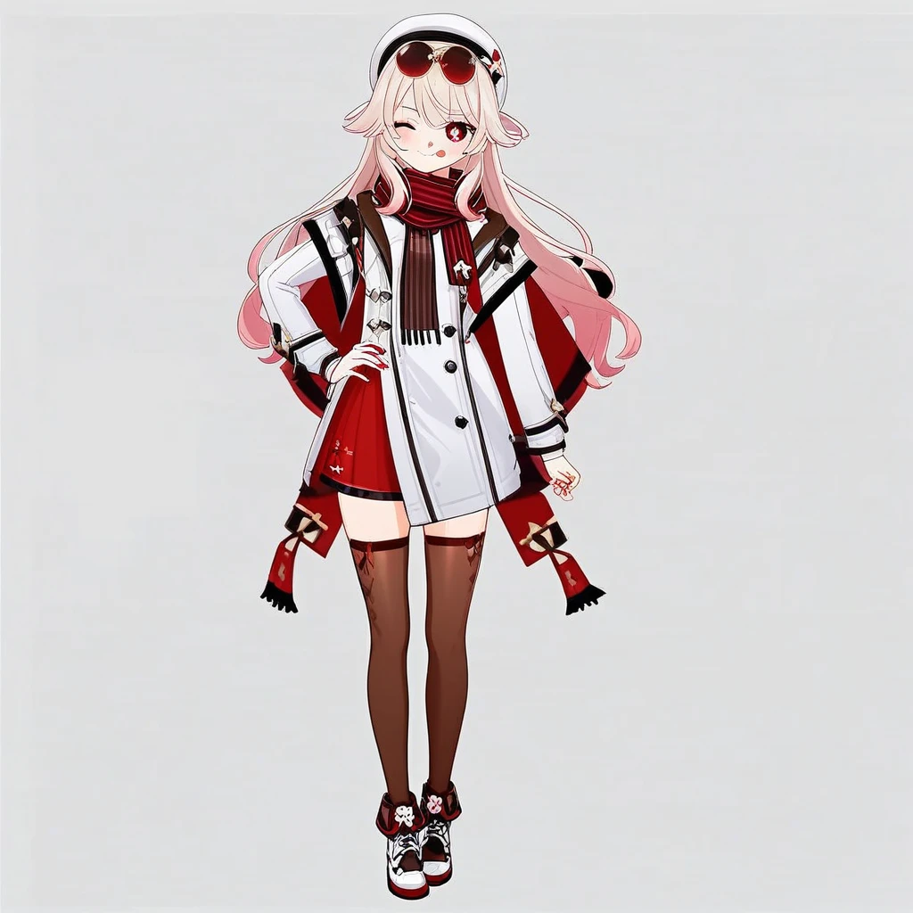 official art, tongue, solo, holding hands, coat, scarf, flower-shaped pupils, v, official alternate costume, symbol-shaped pupils, full body, brown thighhighs, hand on hip, shorts, white background, white jacket, bangs, one eye closed, alternate costume, long hair, closed mouth, beret, red nails, night, sunglasses, booru, from behind, shoes, virtual youtuber