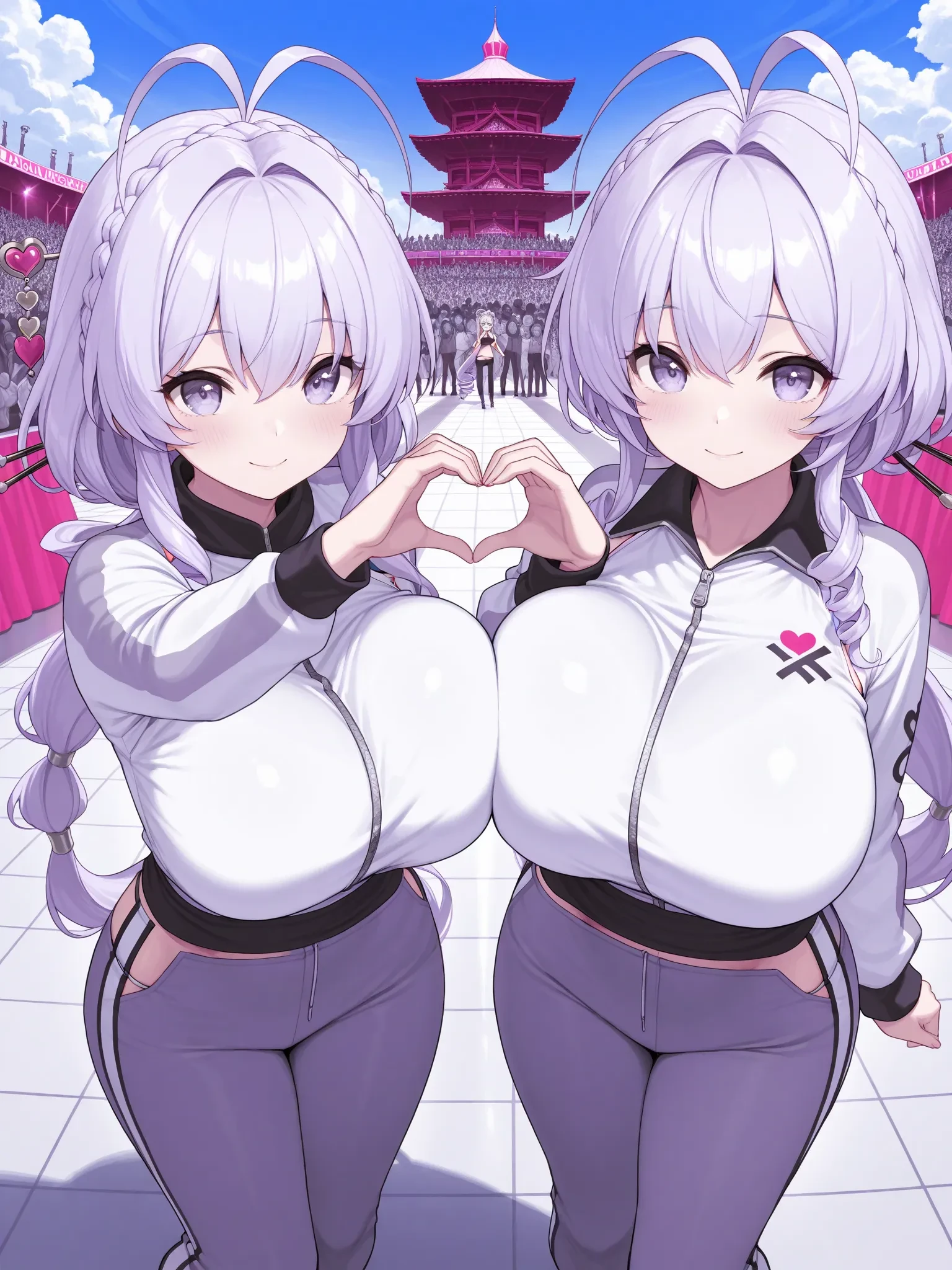 (masterpiece, best quality, high quality, good quality:1.2), tagu, vanishing point, pagoda, multiple views, (1girl:1.2),
multi-tied hair,antenna hair,bangs , light purple hair, (breast expansionhuge breasts:1.2), heart hands trio, (sash, sweatpants , lapel pin :1.2) , <lora:tagu_c0032:1.0>