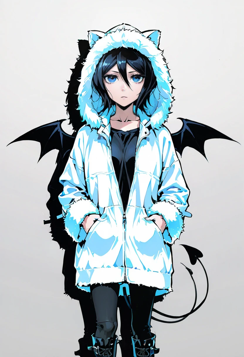 1girl,solo,looking at viewer,ikeda ruriko,y2k demon hoodie, hands in pockets, hood, boots, fur trim, jacket, animal hood, wings, demon tail,  kuchiki_rukia