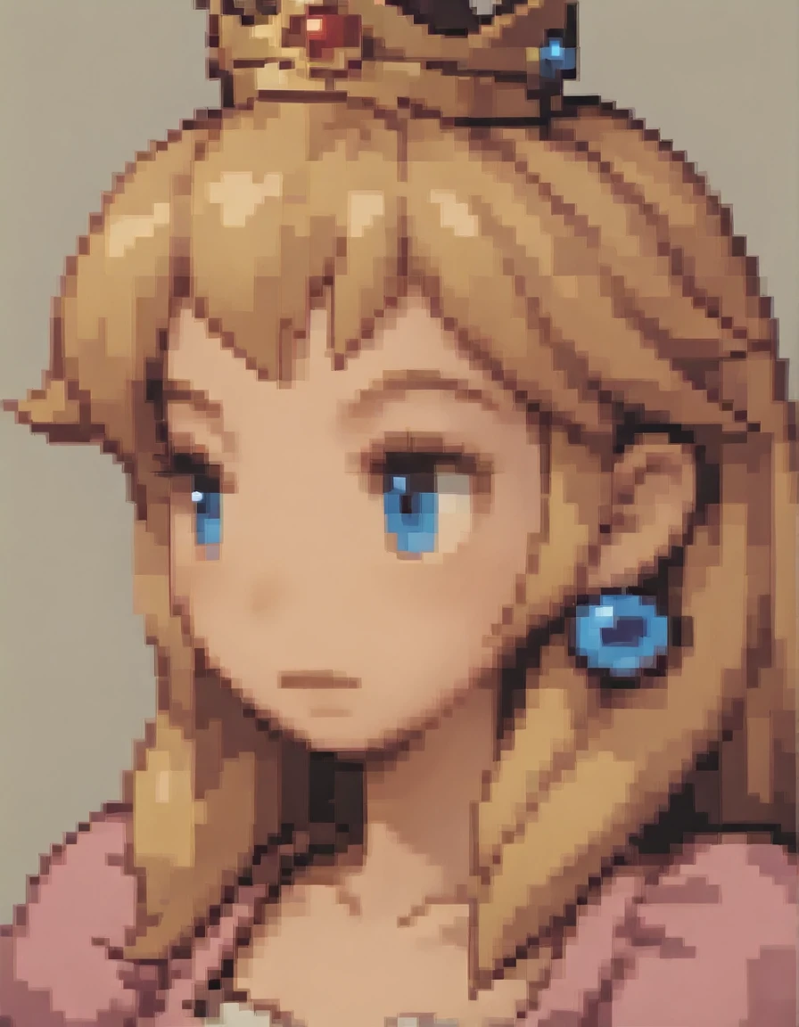 <lora:PonyXL_-_Final_Fantasy_Tactics_Portrait_Style:1.0> final_fantasy_tactics_portrait, pale orange background, no_nose, portrait,  <lora:Princess_Peach__Movie_Version:0.75> Blonde hair, shoulder length hair, wavy locks of hair, locks around the face, light skin, blue eyes, pink dress, sleeves, short puffed sleeves, heart-shaped neckline, dress fitted at the waist, bell dress, brooch blue gem on the chest, blue earrings, blue gem, white elbow-length gloves, golden crown with three gems,