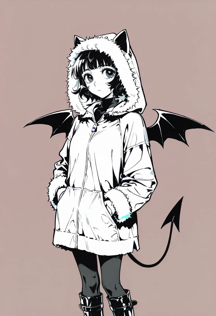 1girl,solo,looking at viewer,ikeda ruriko,y2k demon hoodie, hands in pockets, hood, boots, fur trim, jacket, animal hood, wings, demon tail,  modeus_(helltaker)