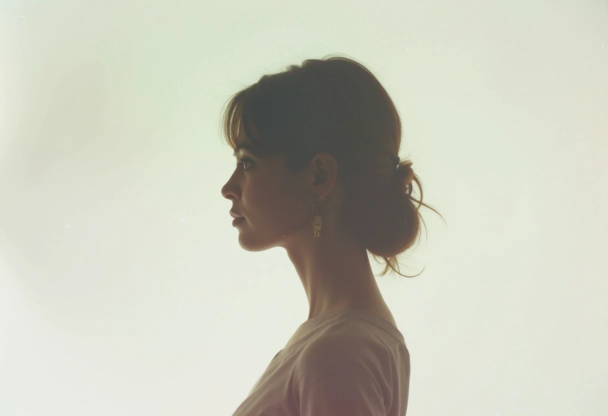 an aesthetic, minimalist depiction of a female profile in side view. The focus is on the soft contours and calm, monochromatic tones. The scene feels mystical and dreamy, almost as if viewed through a delicate mist, with gentle light accentuating the silhouette. The background is diffuse and creamy white, drawing attention to the elegant simplicity of the figure.