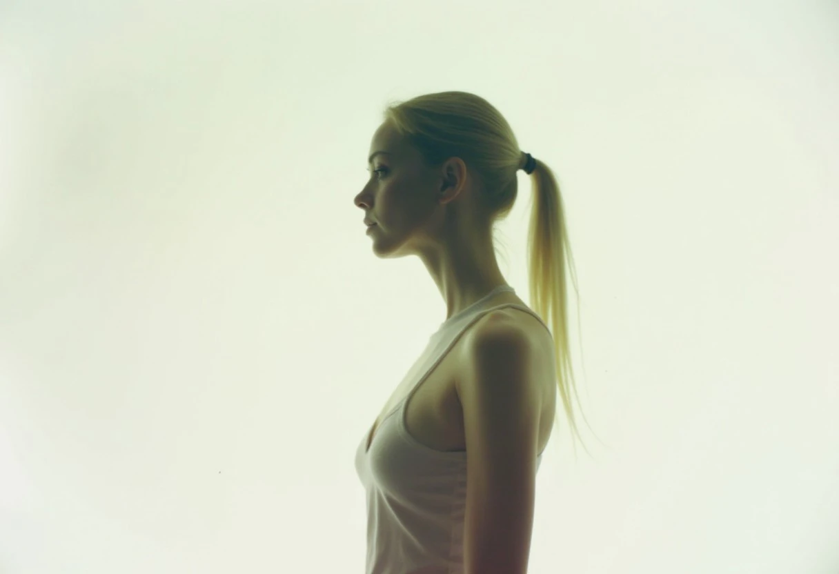 an aesthetic, minimalist depiction of a female profile in side view. The focus is on the soft contours and calm, monochromatic tones. The scene feels mystical and dreamy, almost as if viewed through a delicate mist, with gentle light accentuating the silhouette. The background is diffuse and creamy white, drawing attention to the elegant simplicity of the figure.