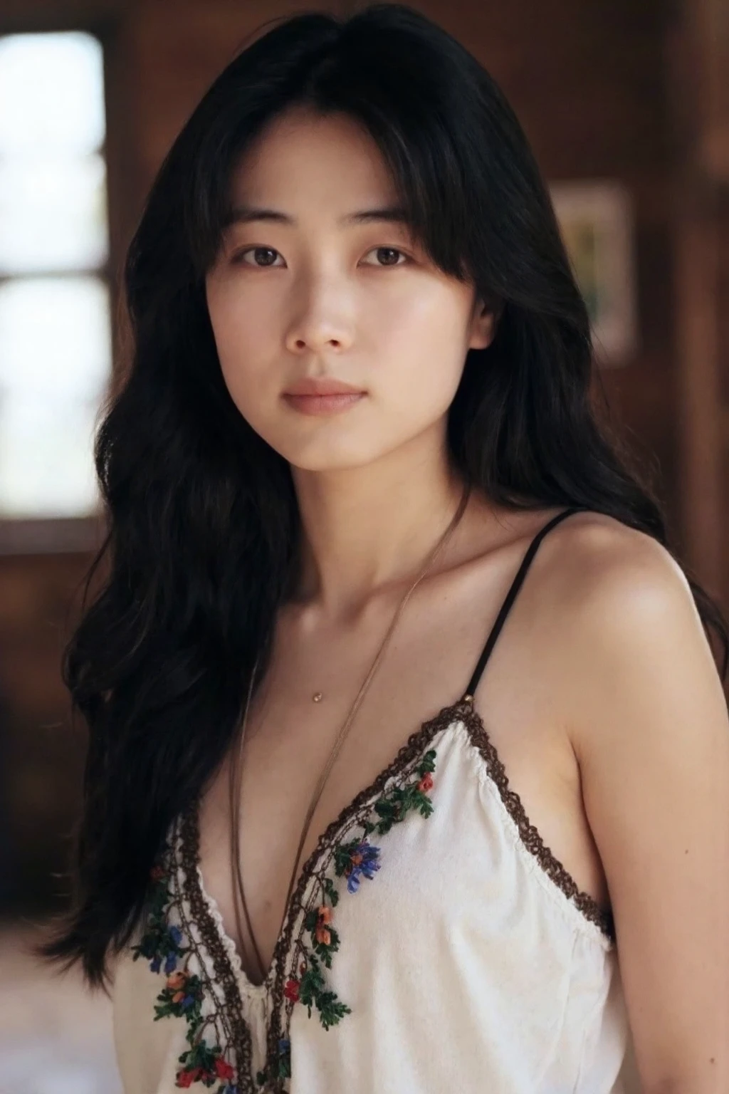 bright photo of beautiful korean girl with long  black wavy hair wearing bohemian dress, inside a rustic house, necklace, dslr, studio lighting, high quality,  light reflections, blood vessels, pale skin, detailed skin, <lora:flux_realism_lora:1>,<lora:makinaflux_sakaiizumi_v1.0.S:1>