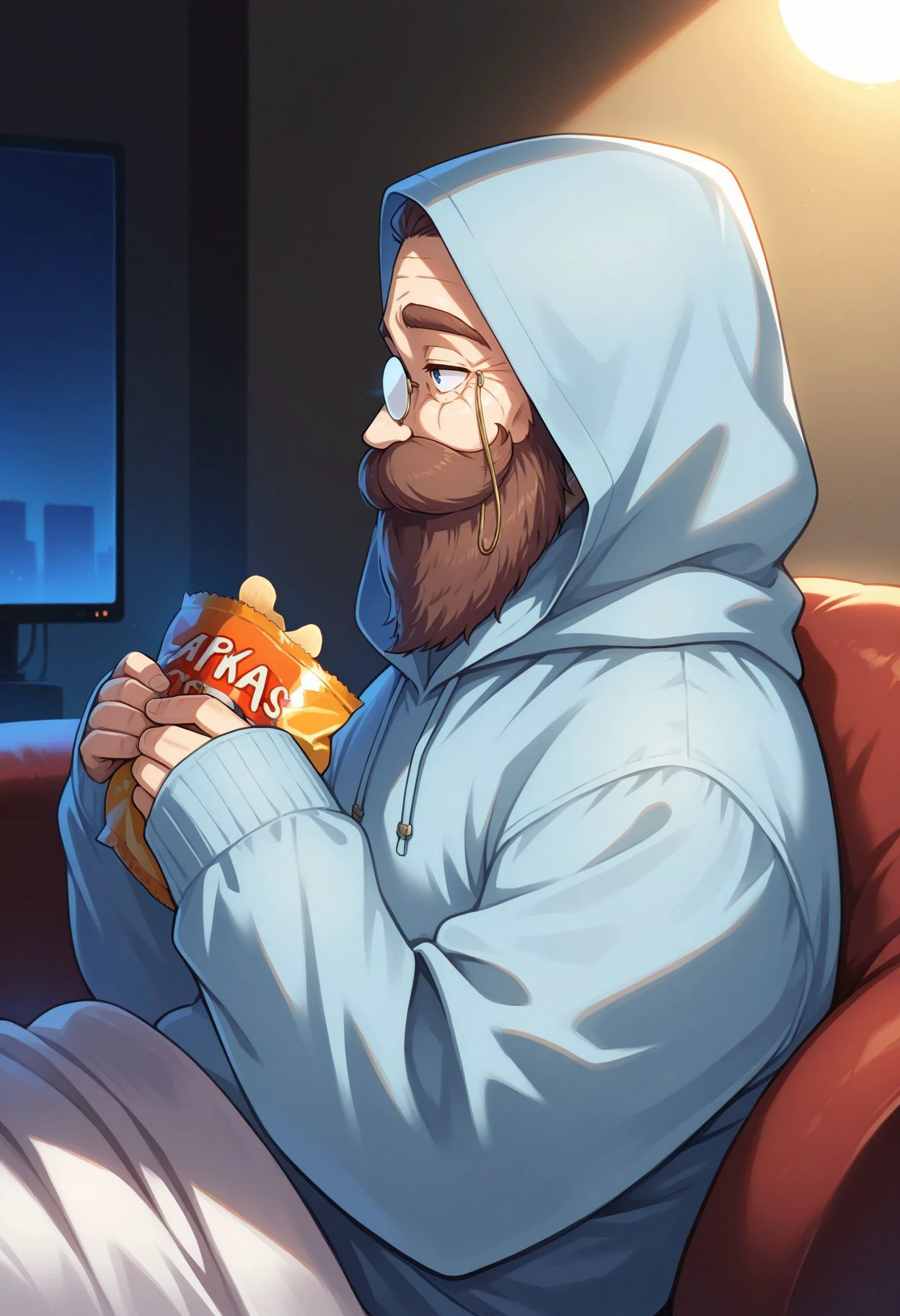 masterpiece, best quality,
 <lora:Denken v2:1>, 
1boy, beard, male focus, facial hair, brown hair, , monocle, blue eyes,  old man, glasses, simple background, mustache, round eyewear,   light blue hoodie, hood up, sleeves past wrists, covering, blanket, sofa, eating chips, night, screen light, from side,