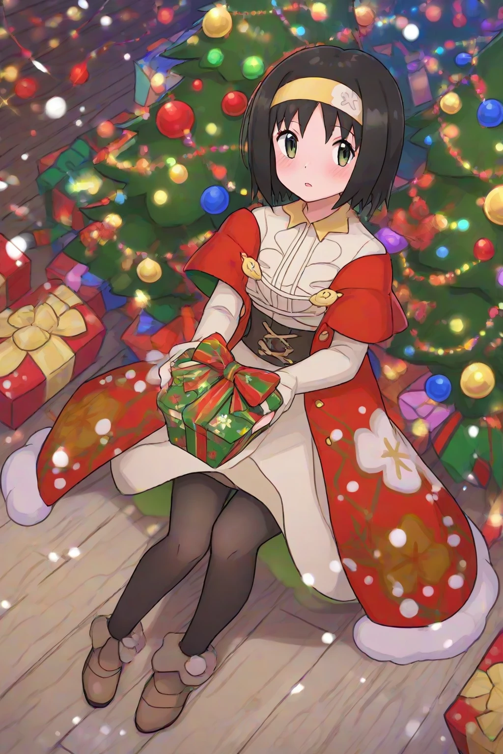 hinosaki, (1girl, solo,), sitting, full_body, close-up, wooden_floor, gifts, christmas_tree, blush, holerika, erika_\(pokemon\), black_hair, short_hair, bangs, hairband, yellow_hairband, long_sleeves, official_alternate_costume, dress. white_dress, jacket, red_jacket, floral_print, long_dress, pantyhose, black_pantyhose, brown_footwear, masterpiece,best quality,amazing quality,very aesthetic,high resolution,ultra-detailed,absurdres,newest,volumetric lighting