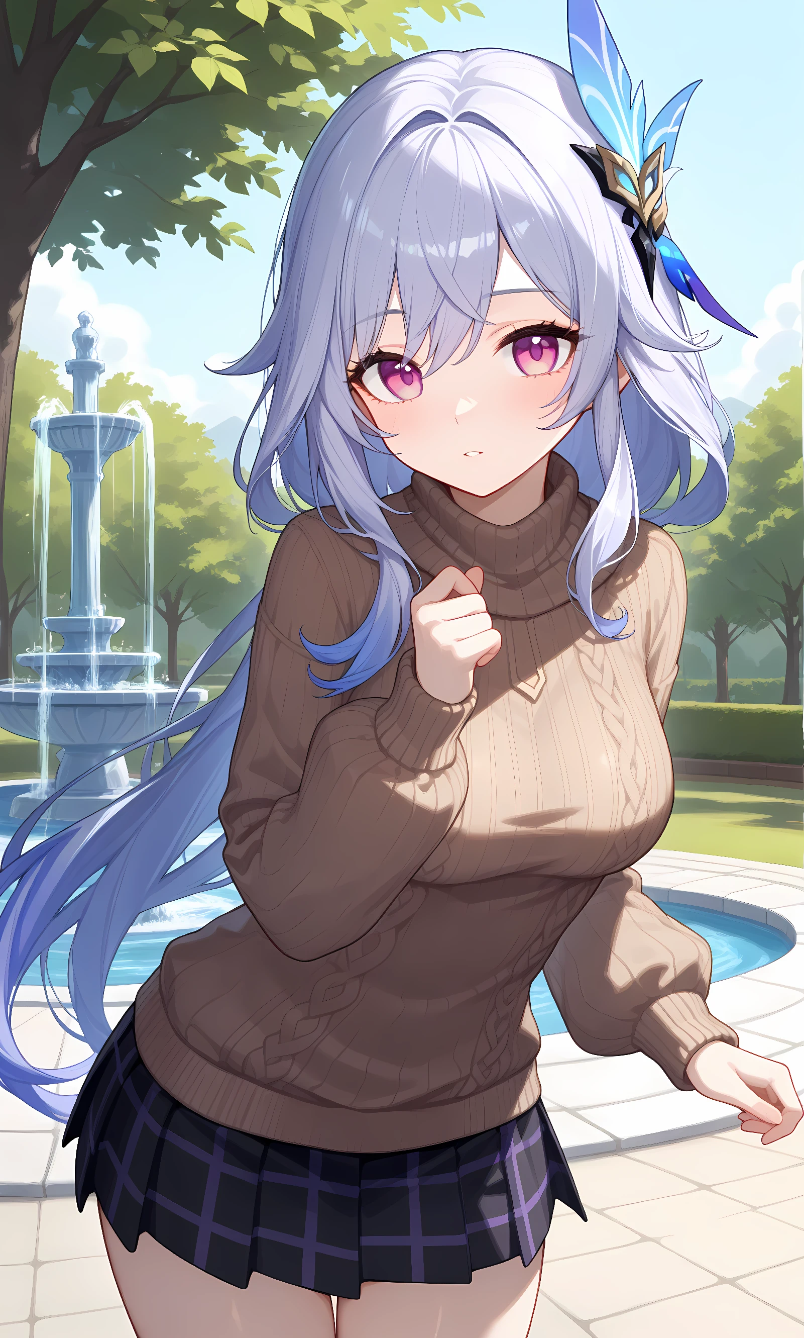 score_9, score_8_up, score_7_up, source_anime, 1girl, solo, outdoors, park, nature, fountain, cowboy shot, looking at viewer, shiny skin, close-up, skirk (genshin impact), grey_hair, hair_ornament, purple_eyes, very_long_hair, brown sweater, ribbed sweater, turtleneck, puffy long sleeves, miniskirt, black skirt, plaid skirt, pleated skirt