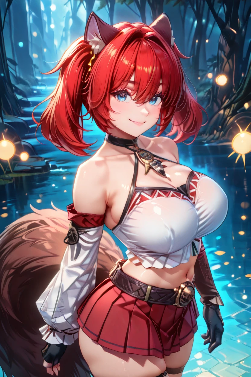 masterpiece, best quality, solo, curvy, beautiful eyes,zzTerara, red hair, fox tail, hair between eyes, asymmetrical gloves, bare shoulders, belt, black choker, black gloves, criss-cross halter, crop top, detached sleeves, fingerless gloves, fox tail, halterneck, jewelry, long sleeves, miniskirt, navel, necklace, pleated skirt, red skirt, thigh strap, white shirt, large breasts,   <lora:TeraraAzurPromiliaIXL:1.0>, upper body, side view, smile, looking at viewer, shiny skin,<lora:RealisticAnimeIXL_v2:1.0>, shiny skin, bokeh, luminescent background,