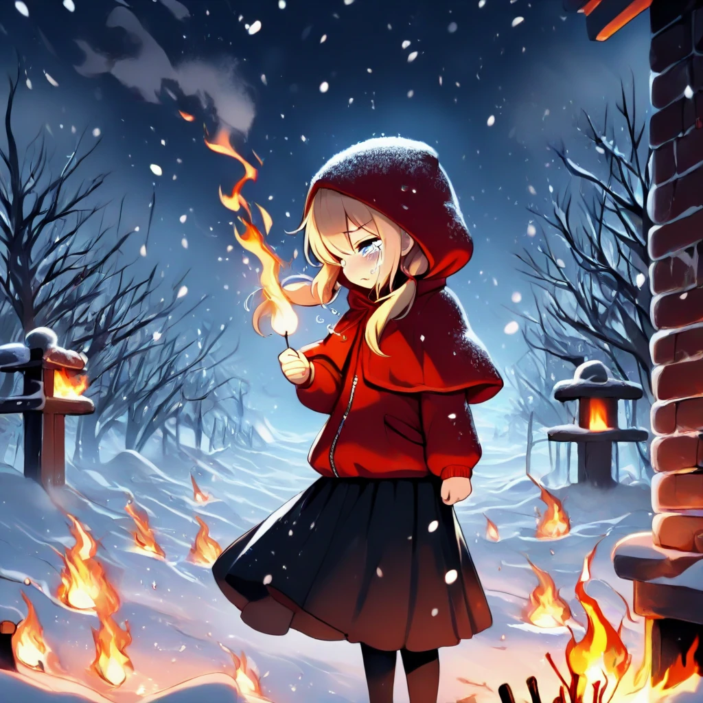 masterpiece, best quality, lit match, wildfire, bushfire, flaming, blaze, burning, 1girl, tears, crying, blonde hair, low twintails, hood up, red hooded jacket, black long skirt, capelet, fog, wind, steam, night, night sky, bare tree, snow, snowing, snowstorm, <lora:girllikelitmatch_ilxl:1>