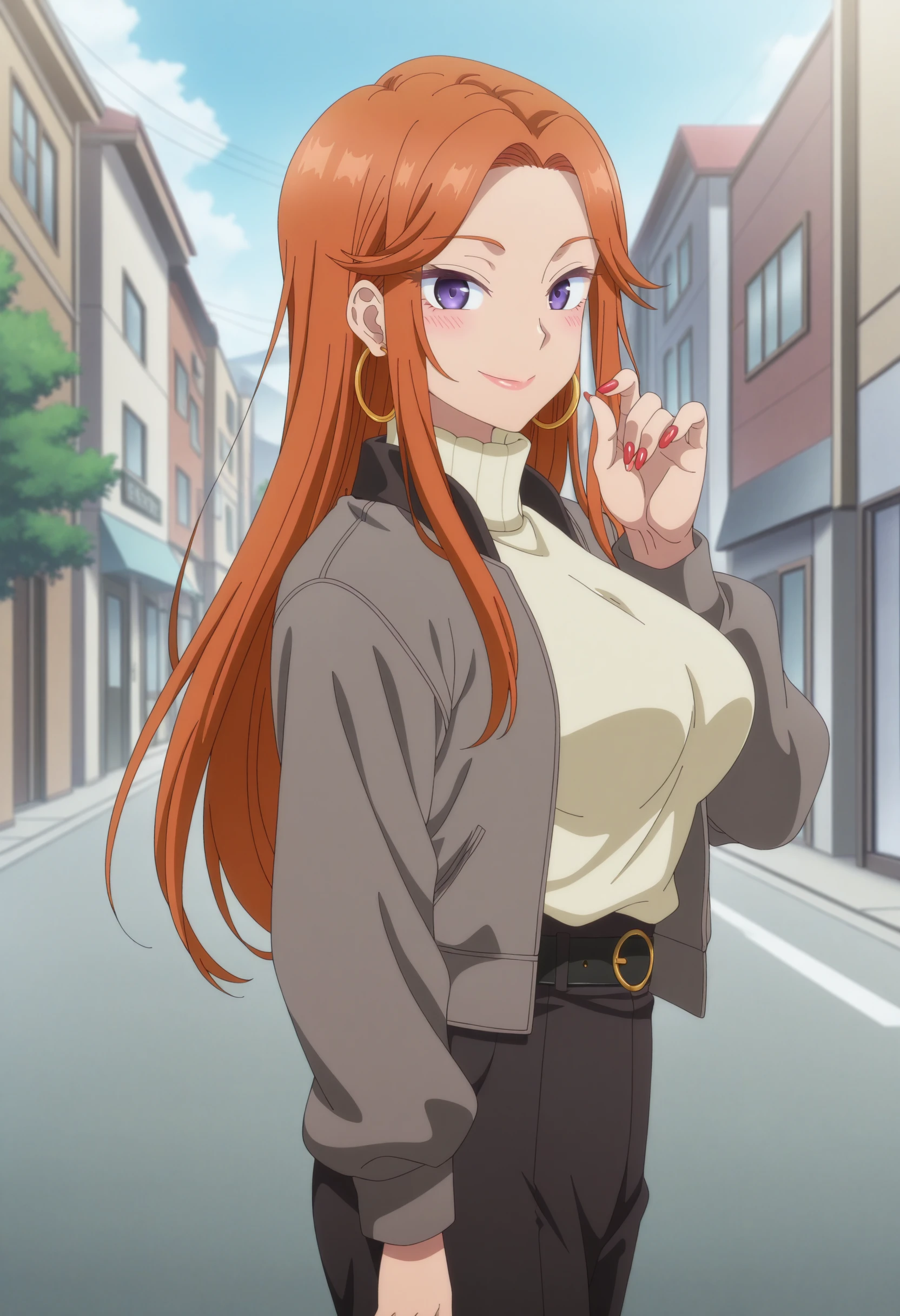 1girl, solo, ma1, orange hair, purple eyes, hoop earrings, large breasts, looking at viewer, from side, turtleneck sweater, black pants, belt, jacket, smile, red nails, outdoors, blush, street, anime screencap, anime coloring, masterpiece, best quality, amazing quality <lora:Mai_Fuyuki_Dosanko-Gyaru_ilibibu_IL-v1:1>