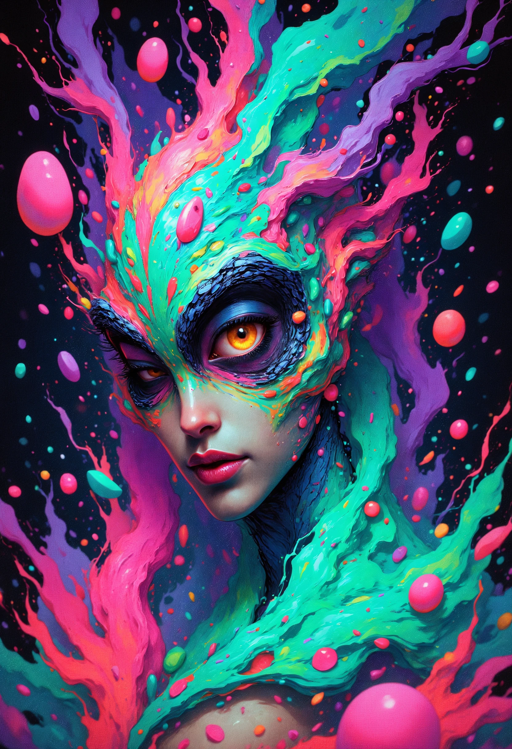 A masterfully crafted stunning image of a mischievous slime queen, her semi-transparent body shimmering with streaks of neon pink and green, She wears a gown of hardened crystal, her face has an amused smirk one eyebrow raised, Shes surrounded by smaller blobs that mimic her shape, Style is Sci-fi Magical Realism with cartoonish surreal elements, Soft and colorful ambient lighting, slightly low-angle shot, (elaborate fine details:1.1), (hyperdetailed:1.1), (intricate details:1.0), (Refined details:1.1), (best quality:1.1), (high resolution:1.2) , <lora:FLUX\EmberveilV3:1.0>