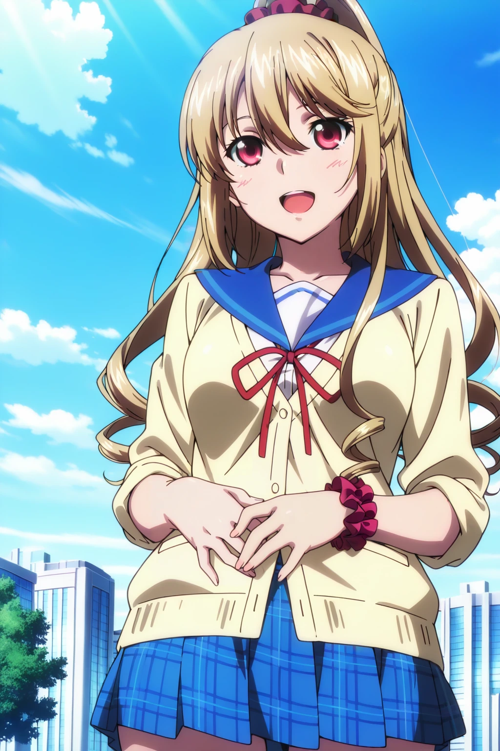 an anime style of cartoon girl in school clothes standing outside topless, 1girl, solo, underwear, panties, souryuu asuka langley Style, , RED eyes, long hair, wind, white panties,wind lift,Ichigo Hoshimiya (Aikatsu!),