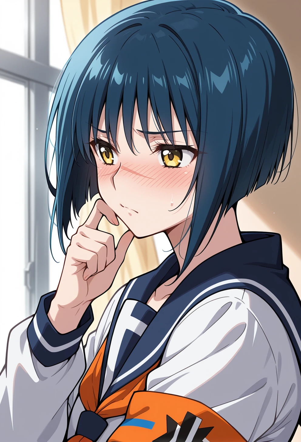 masterpiece, best quality, high quality, anime, solo, <lora:AETOKIKOILLX:0.9>
AETokikoDef, yellow eyes, blue hair, bobcut, short hair, scar on nose,
School uniform, serafuku, orange neckerchief, armband, long sleeves, 
blush, scratching cheek, pov, portrait, facing away,